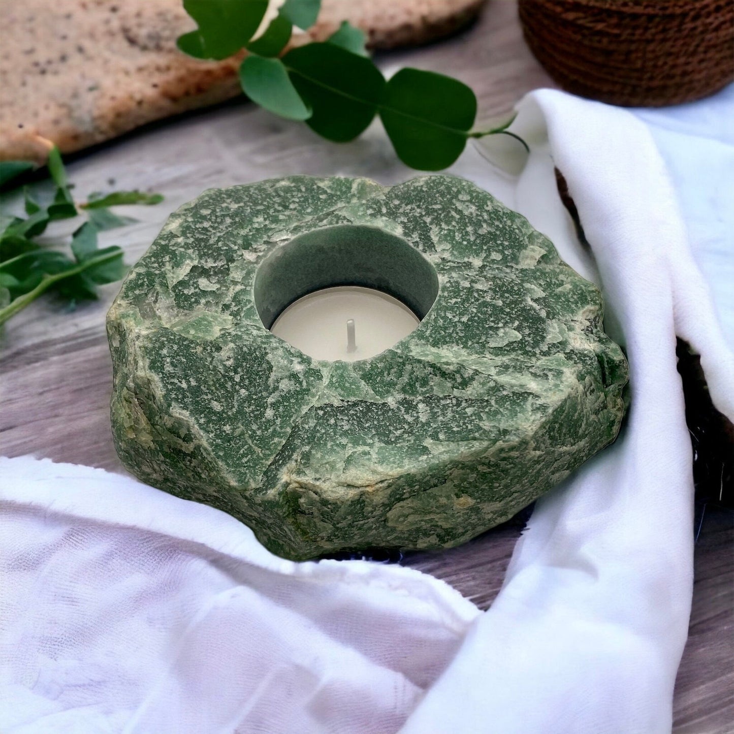 Raw Green Aventurine Crystal Candle Holder - Unpolished for a Soothing, Calming Energy in Crystal Home Décor