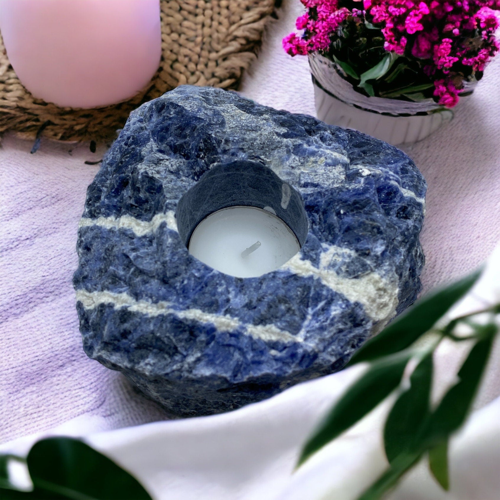 Raw Sodalite Crystal Candle Holder: Tranquility & Cosmic Energy