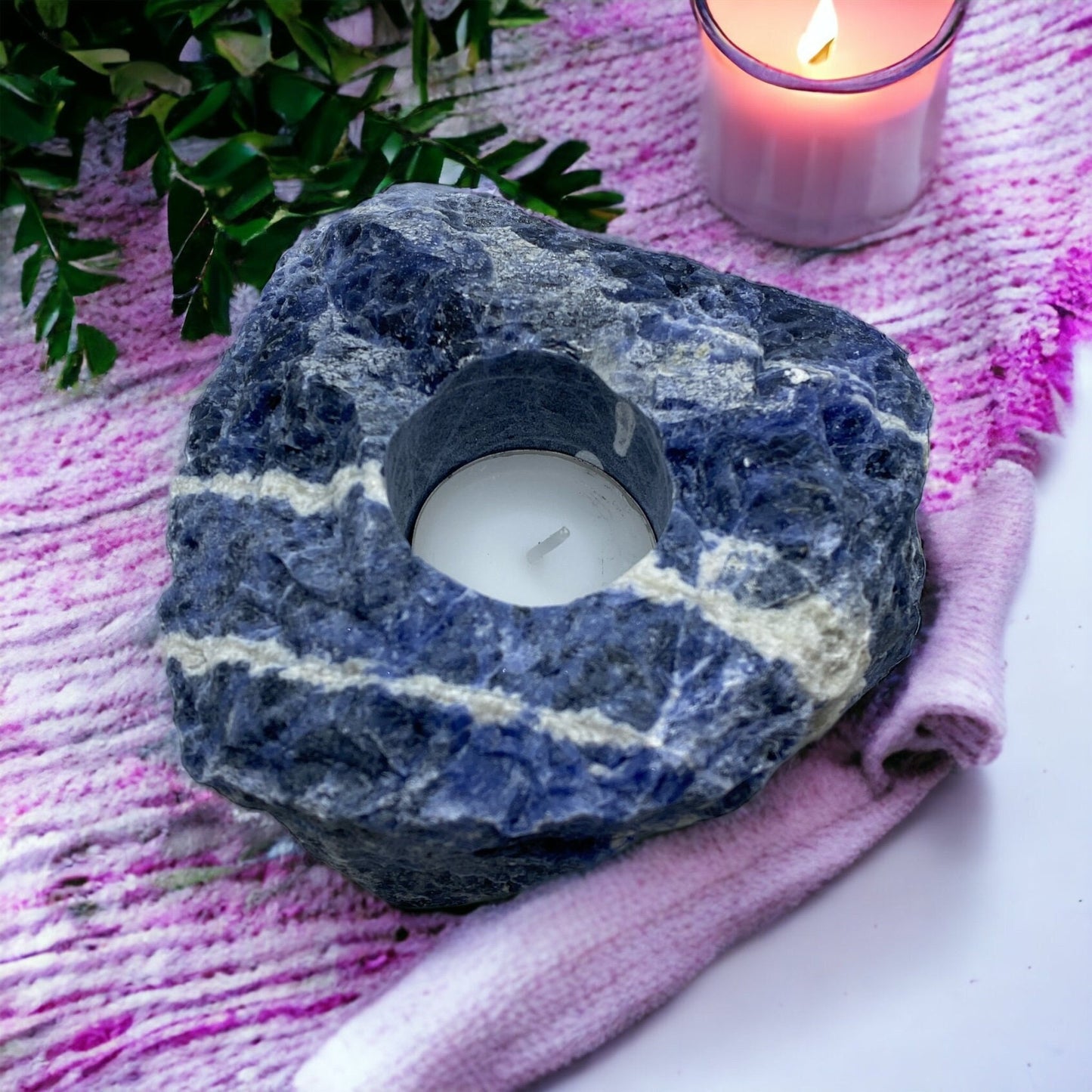 Sodalite Crystal Candle Holder. Raw Sodalite Crystal Elegance