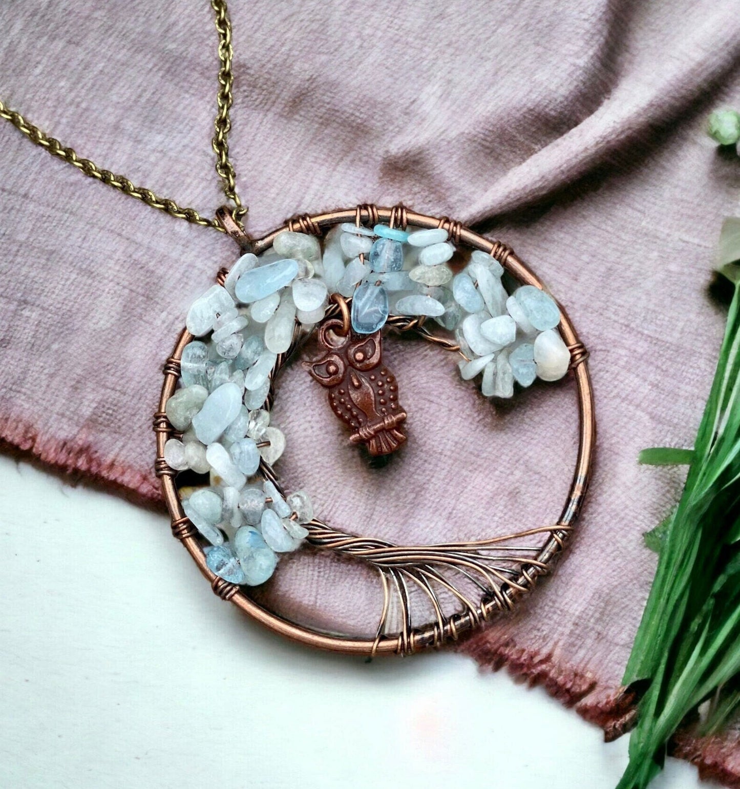 Aquamarine Tree of Life Wire Wrapped Crystal Pendant with Owl Charm - Polished Aquamarine Chip, Handmade Jewellery