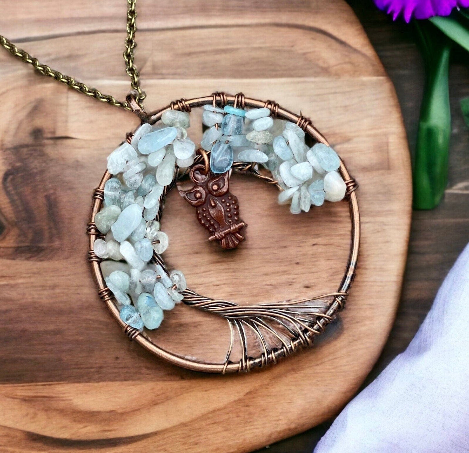 Aquamarine Tree of Life Wire Wrapped Crystal Pendant with Owl Charm - Polished Aquamarine Chip, Handmade Jewellery