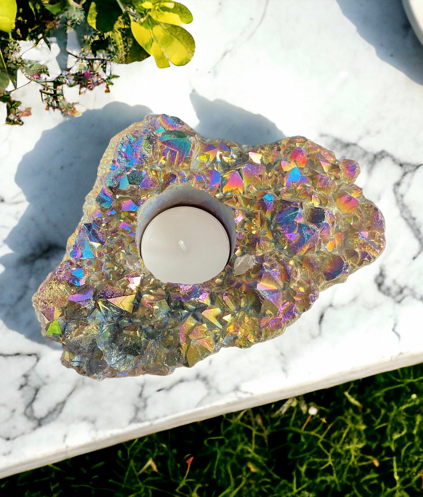 Rainbow Aura Amethyst Candle Holder #3 - Beautifully Unique Aura Amethyst Candle Holder. One of a Kind Crystal. Rare Find