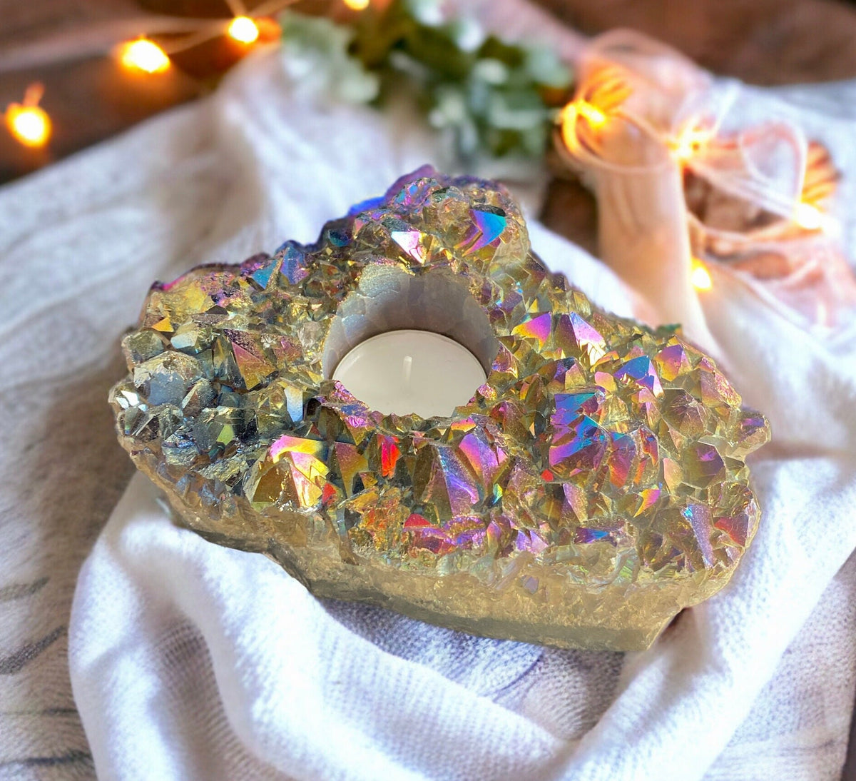 Rainbow Aura Amethyst Candle Holder #3 - Beautifully Unique Aura Amethyst Candle Holder. One of a Kind Crystal. Rare Find