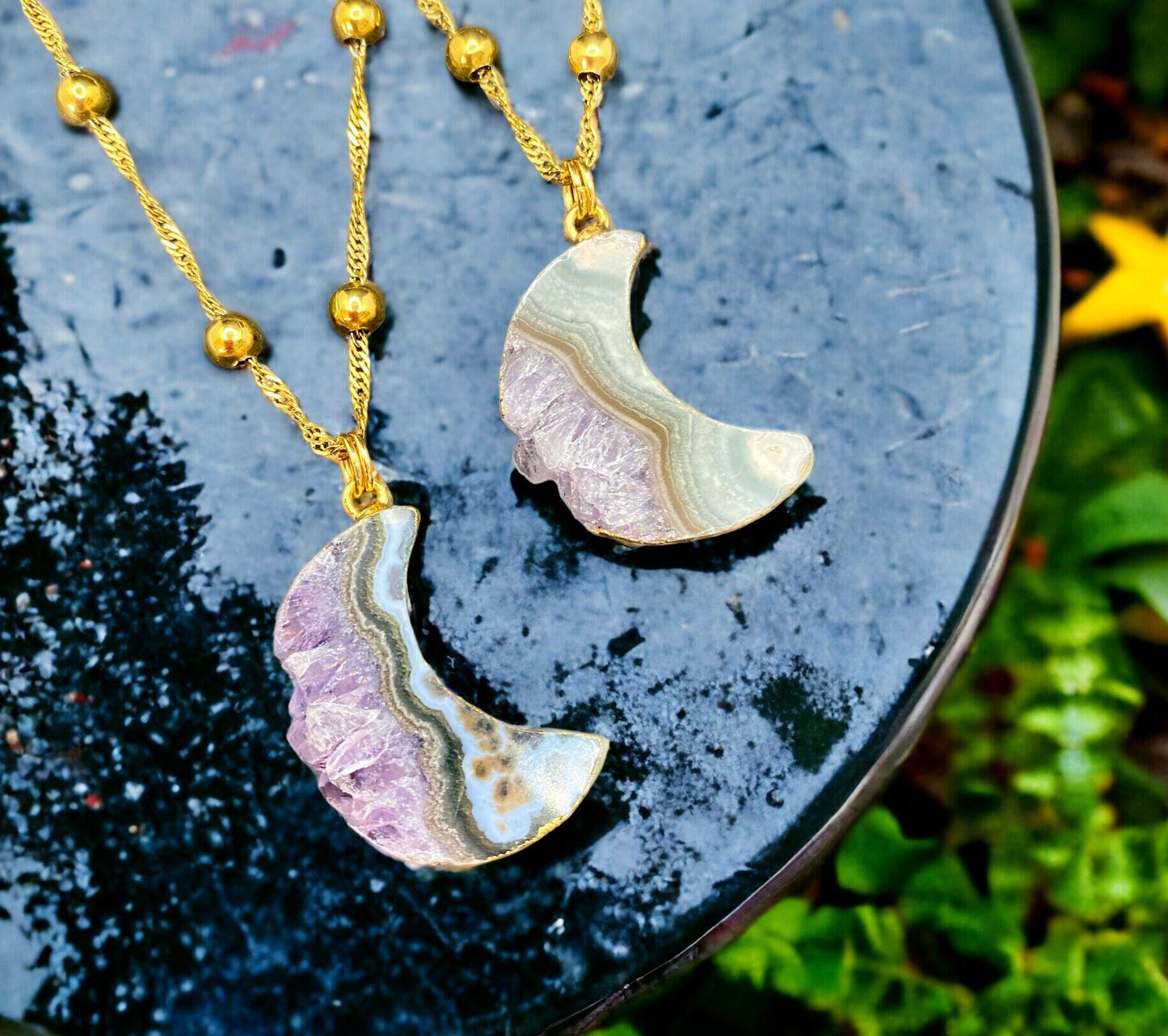 Amethyst and Agate Crescent Moon Pendant - Calming Crystals, Healing Stones, Handcrafted Boho Chic Jewellery with Amethyst and Agate