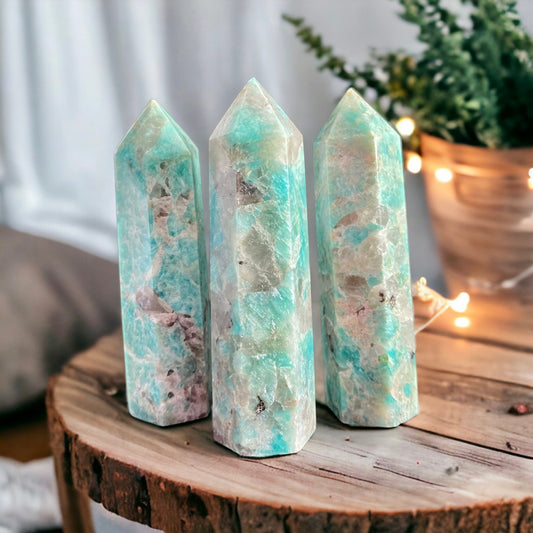 Amazonite with Smokey Quartz Inclusions Crystal Tower - Healing Crystal Obelisk Point for Calm Energy