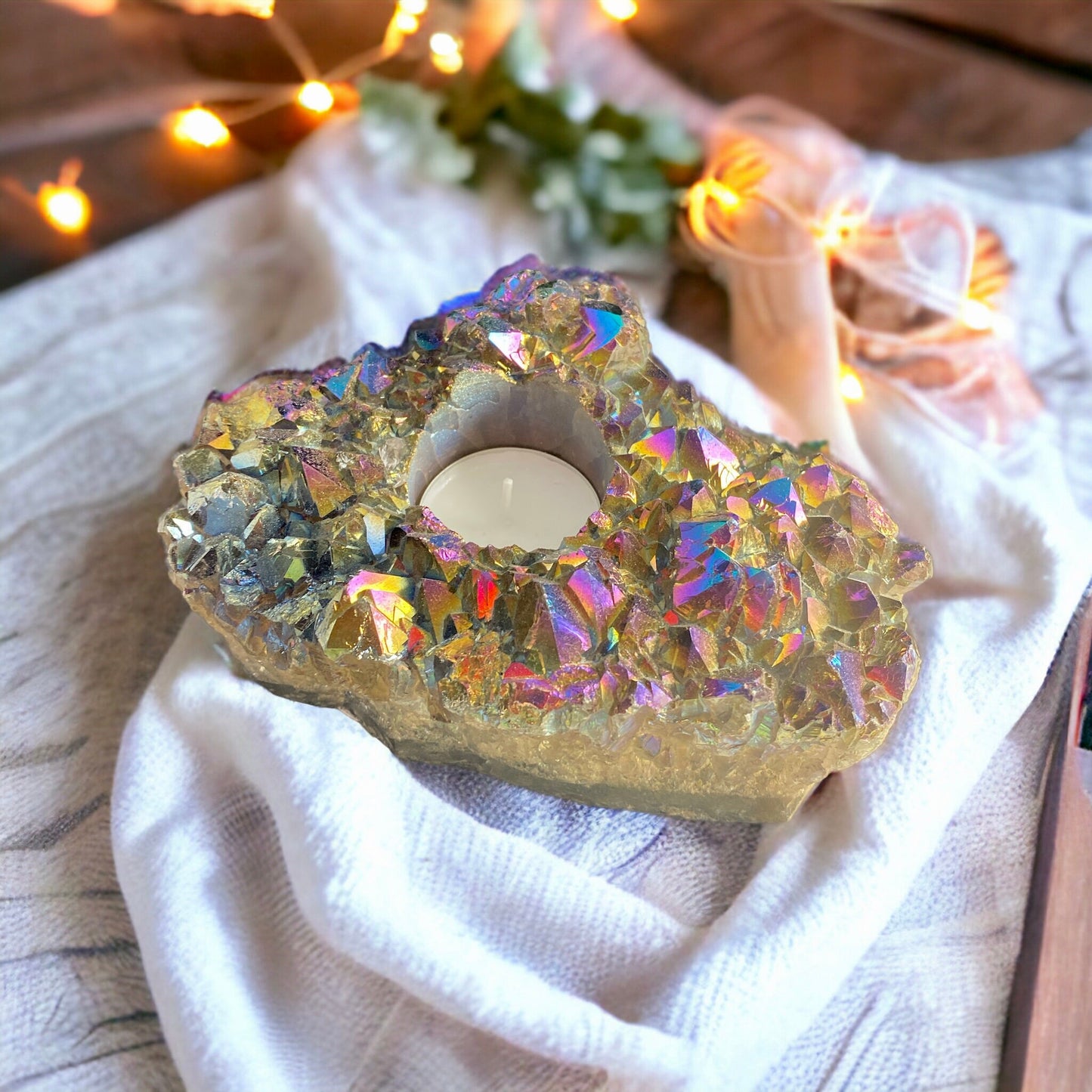 Rainbow Aura Amethyst Candle Holder #3 - Beautifully Unique Aura Amethyst Candle Holder. One of a Kind Crystal. Rare Find