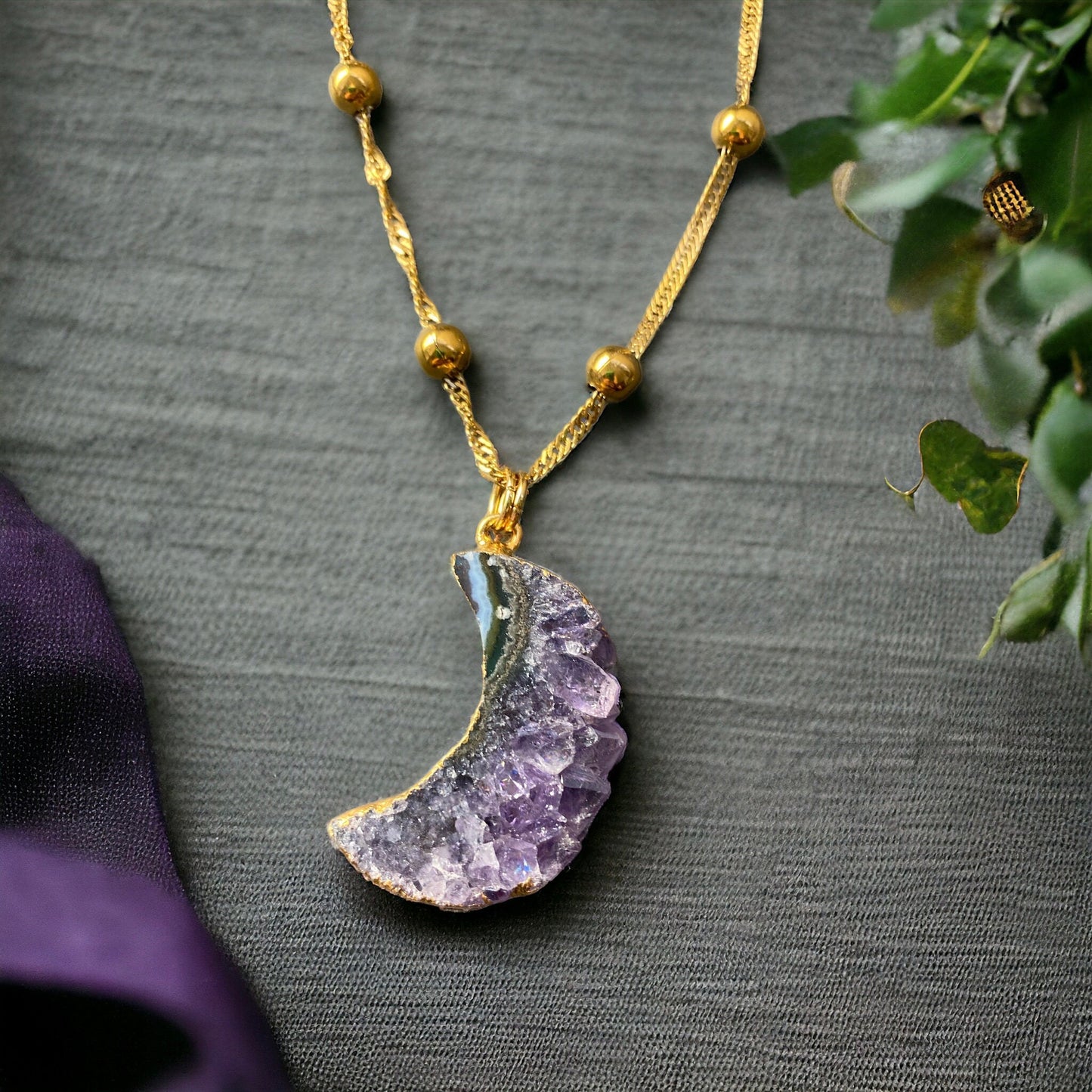 Amethyst Agate Crescent Moon Pendant - Gold-Plated Healing Crystal Necklace