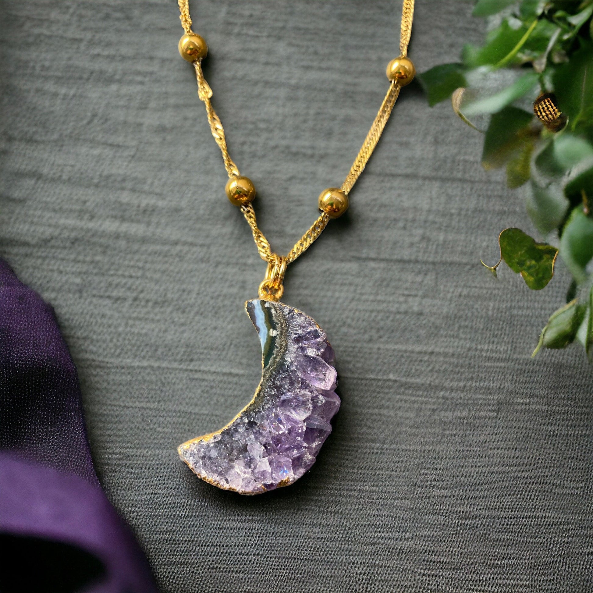 Amethyst Agate Crescent Moon Pendant - Gold-Plated Healing Crystal Necklace