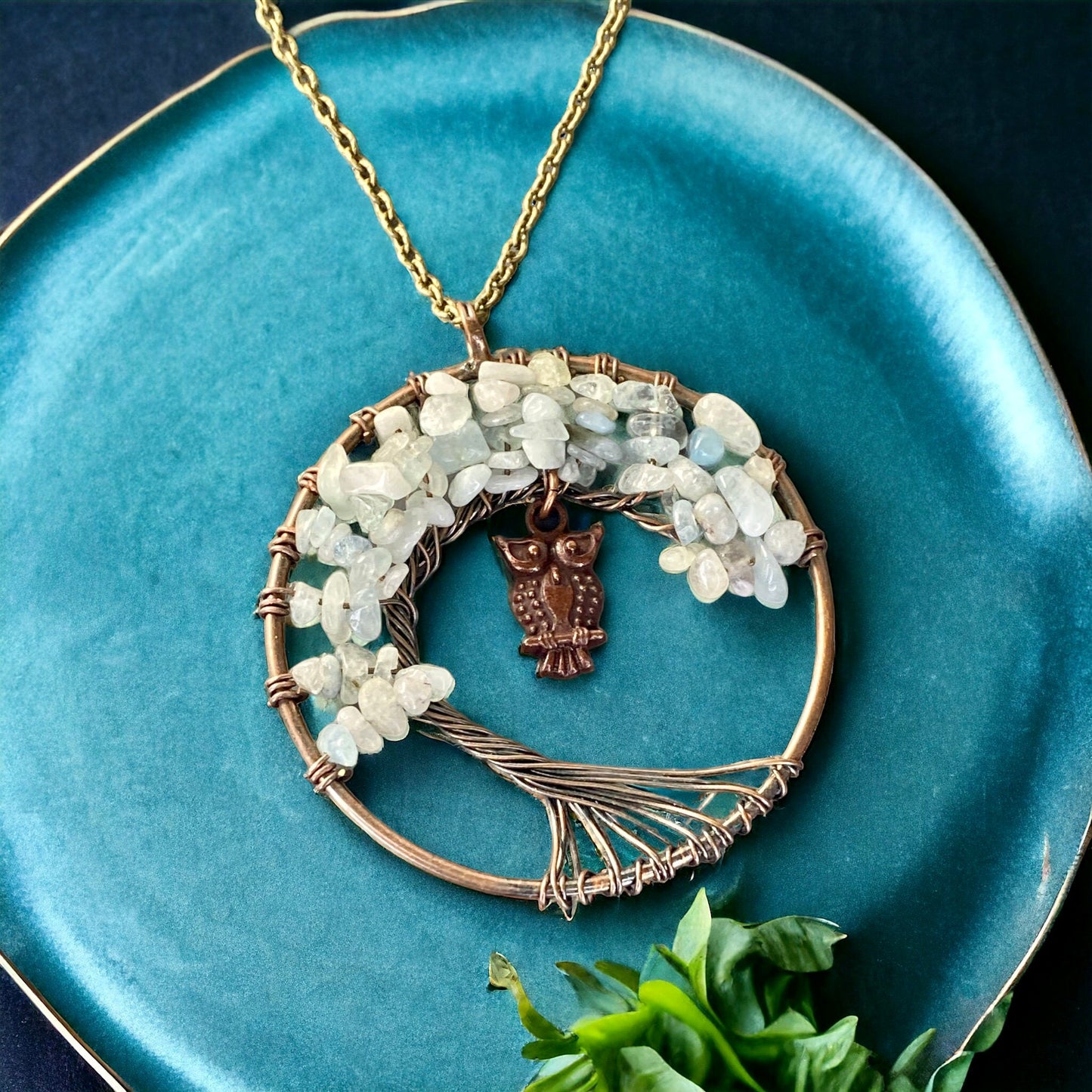 Aquamarine Tree of Life Pendant with Owl Charm: Boho Crystal Necklace
