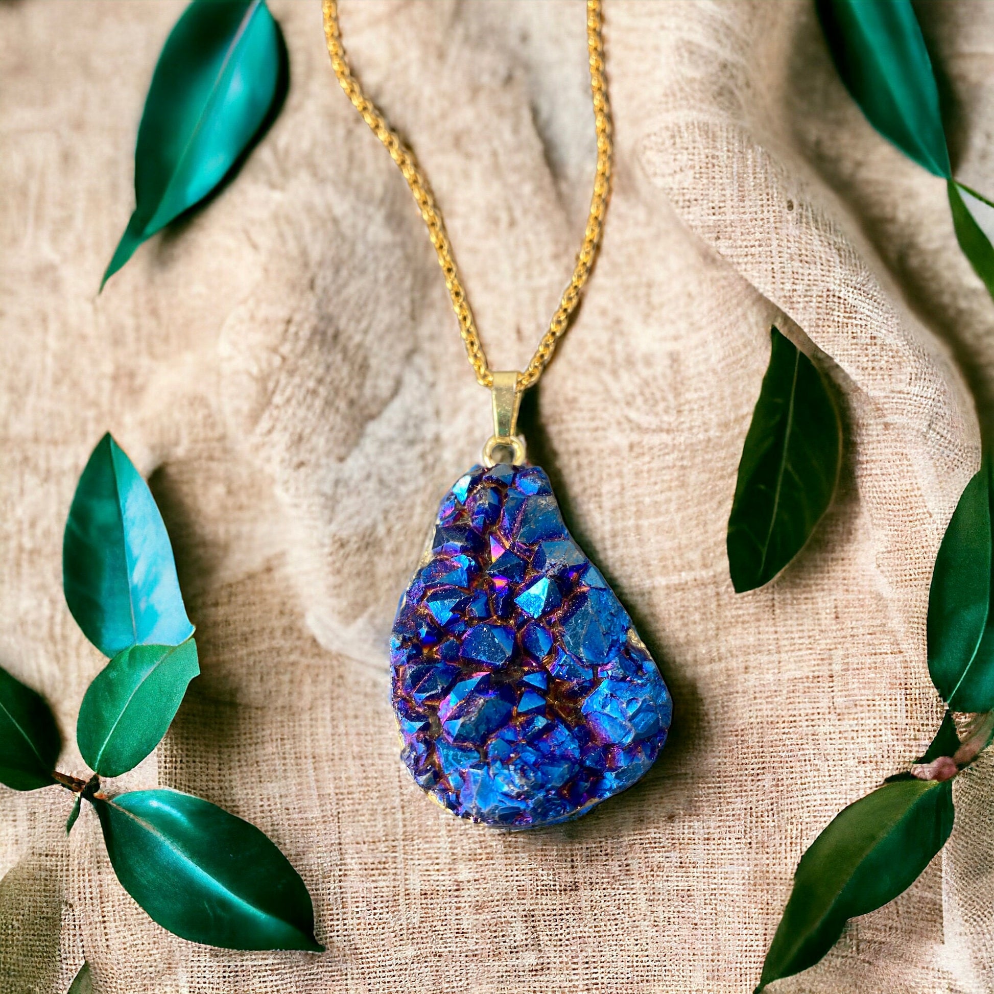 Cobalt Aura Quartz Druze Pendant | Iridescent Crystal Necklace | Luna by Louise, Crystal Shop UK