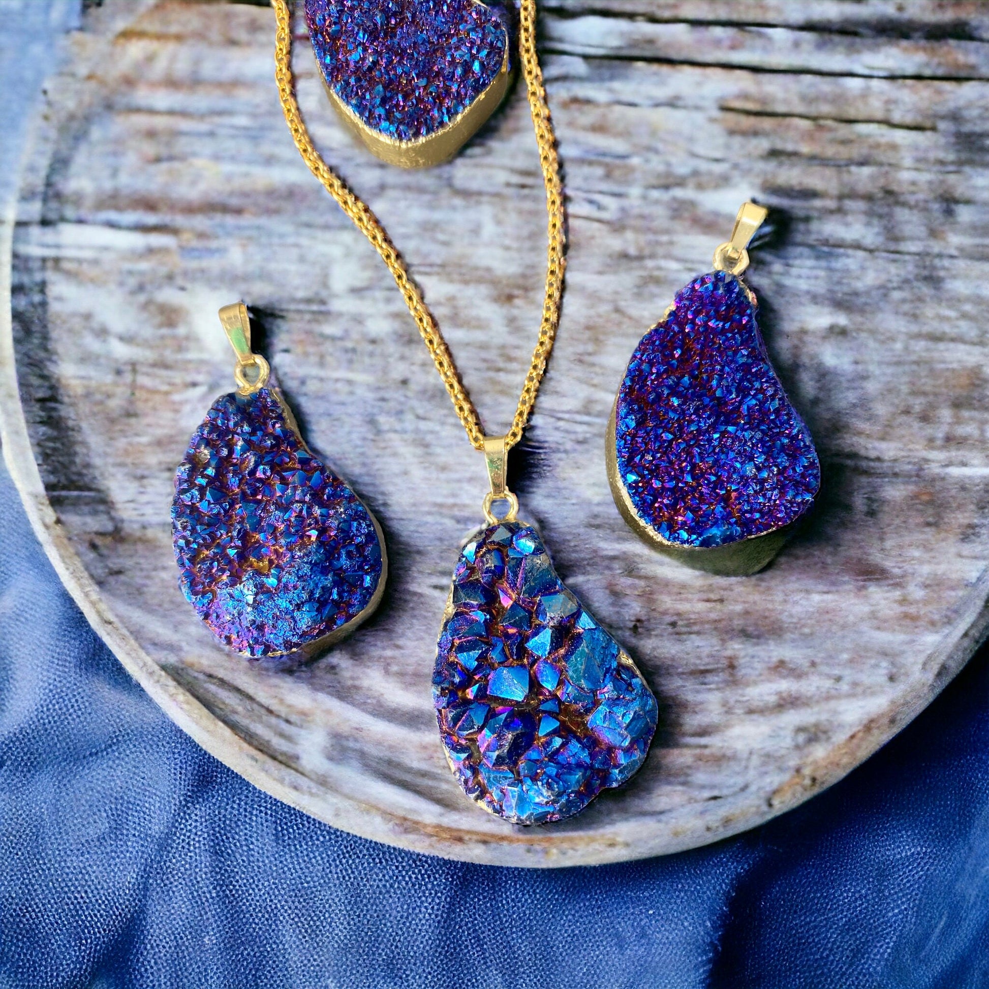 Cobalt Aura Quartz Druze Pendant | Iridescent Crystal Necklace | Luna by Louise, Crystal Shop UK