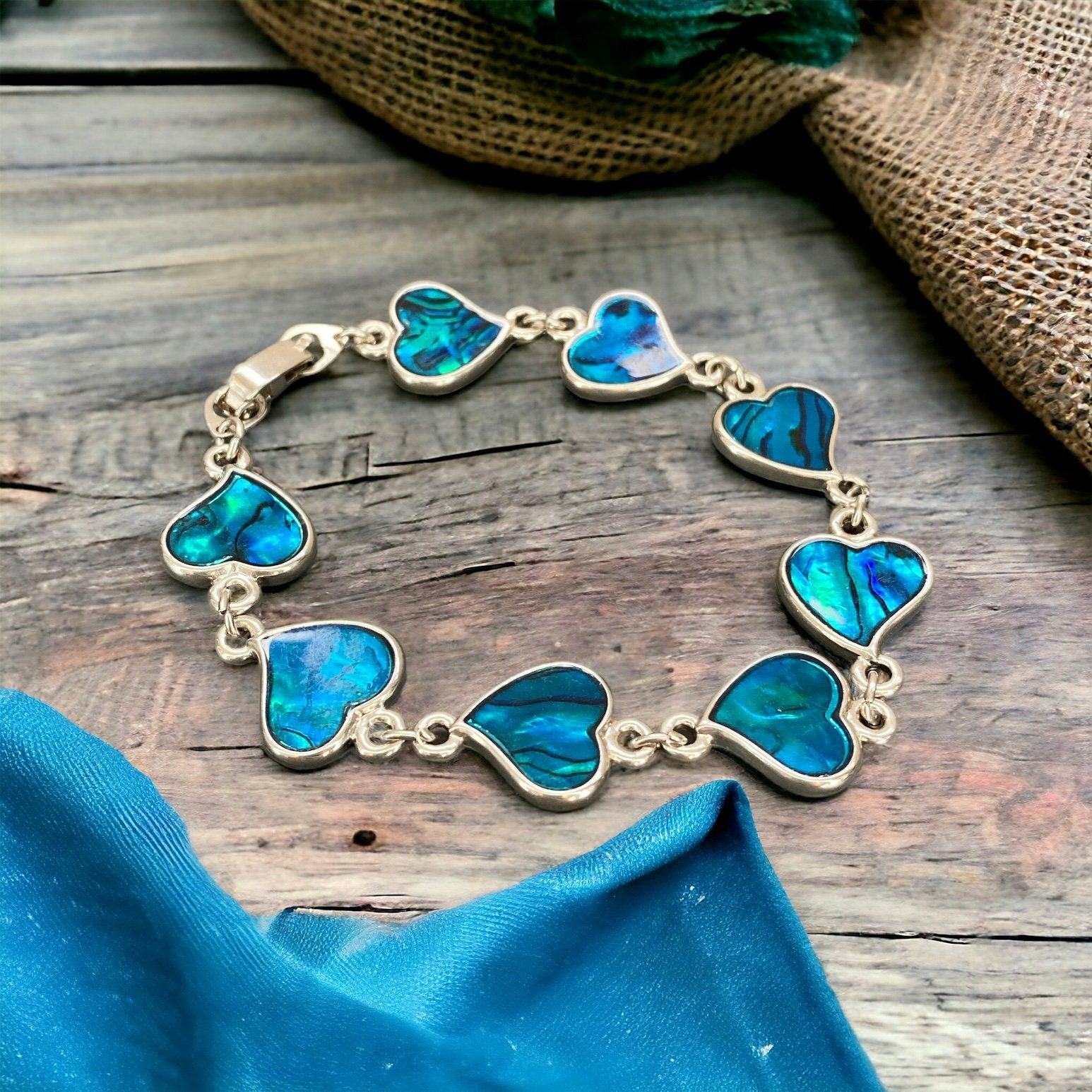 Abalone Heart Bracelet: Ocean Blue Shell, Handmade Silver Bracelet (15cm)