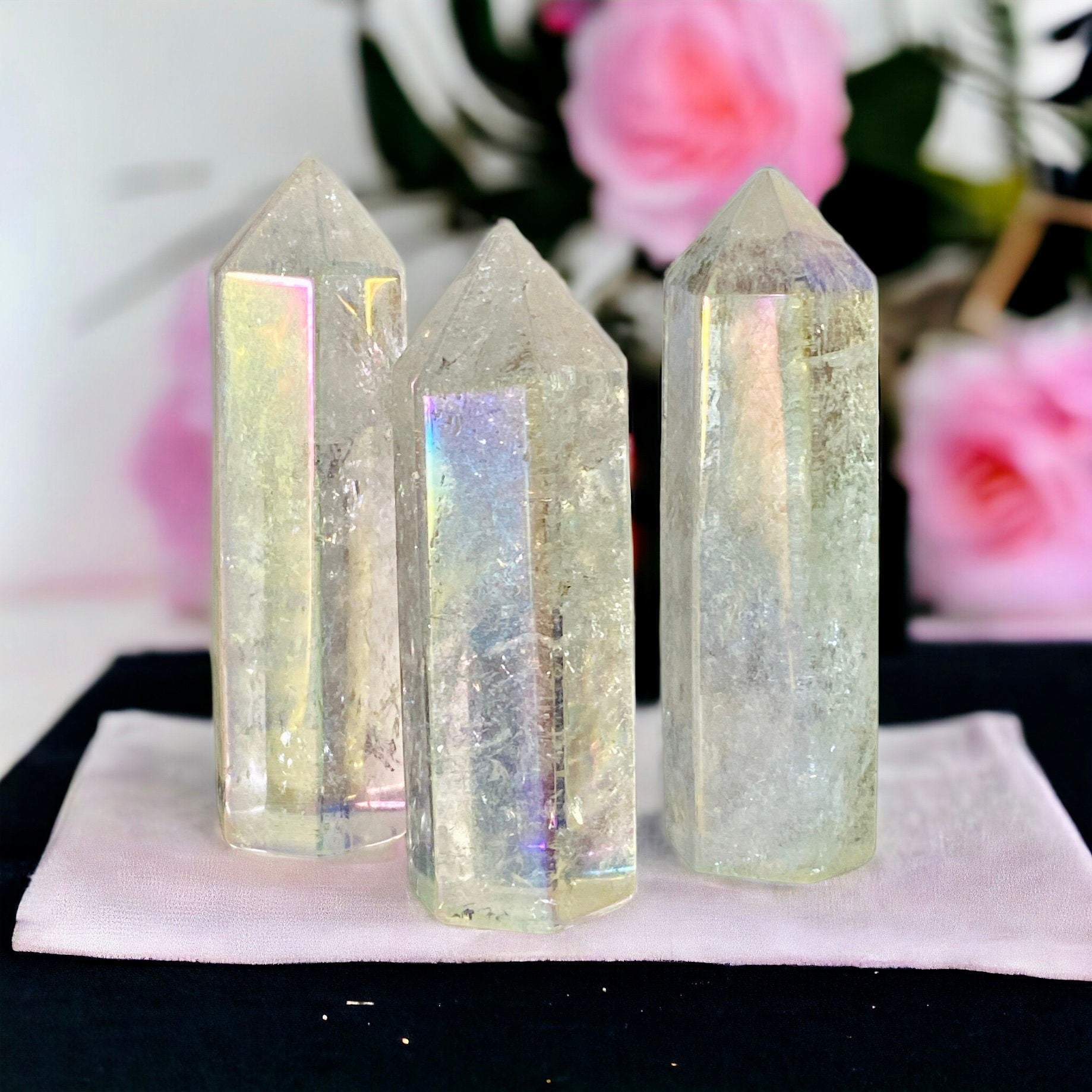 Mini Angel Aura Quartz Crystal Tower: Rainbow Opal Aura Obelisk