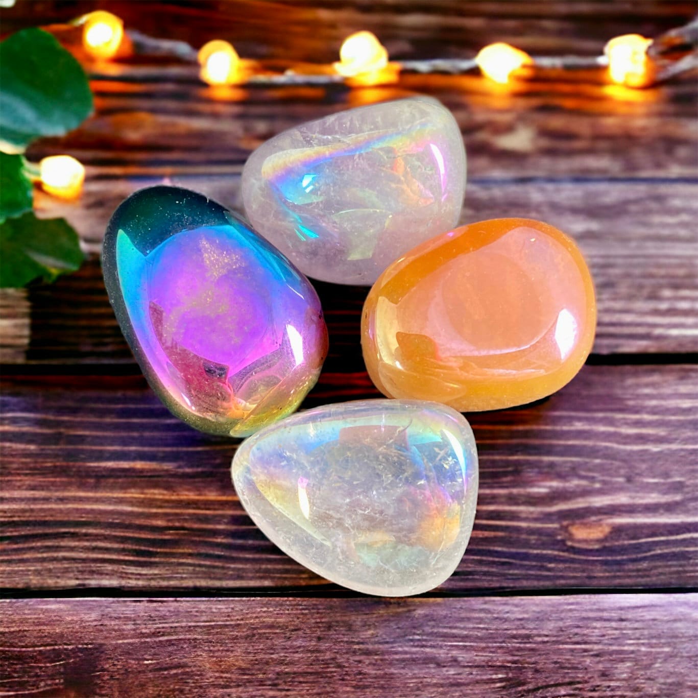Aura Quartz Tumble Stone Set - Featuring Angel, Tangerine, Amethyst, and Titanium Aura Quartz Tumble Stones - Set of 4 Pocket Crystals