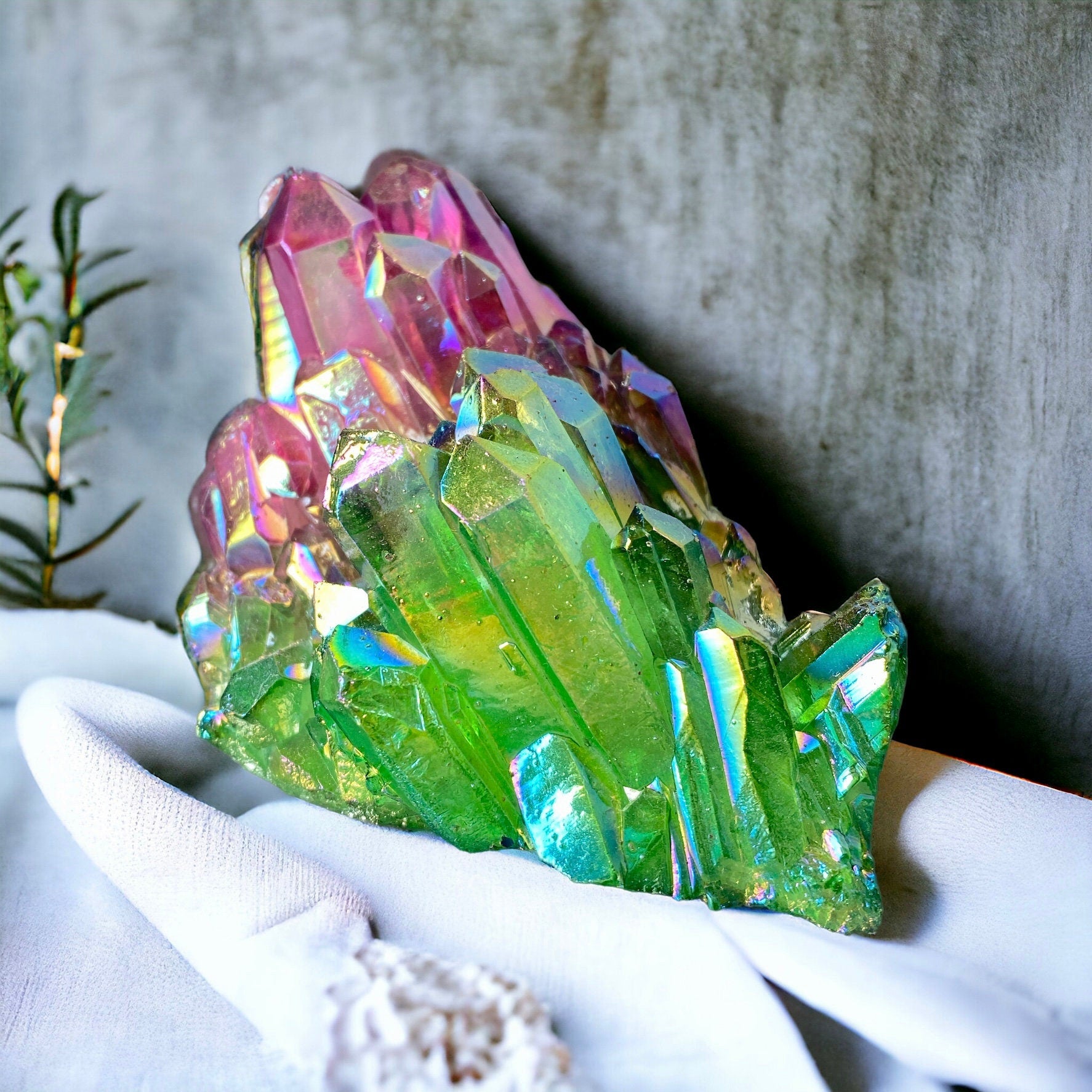 Purple & Green Aura Lemurian Quartz Crystal Cluster (330g)