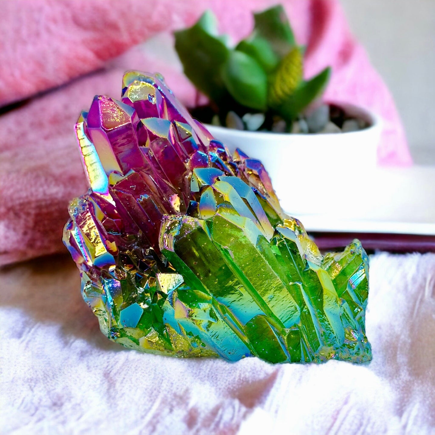 Purple & Green Aura Lemurian Quartz Crystal Cluster (330g)