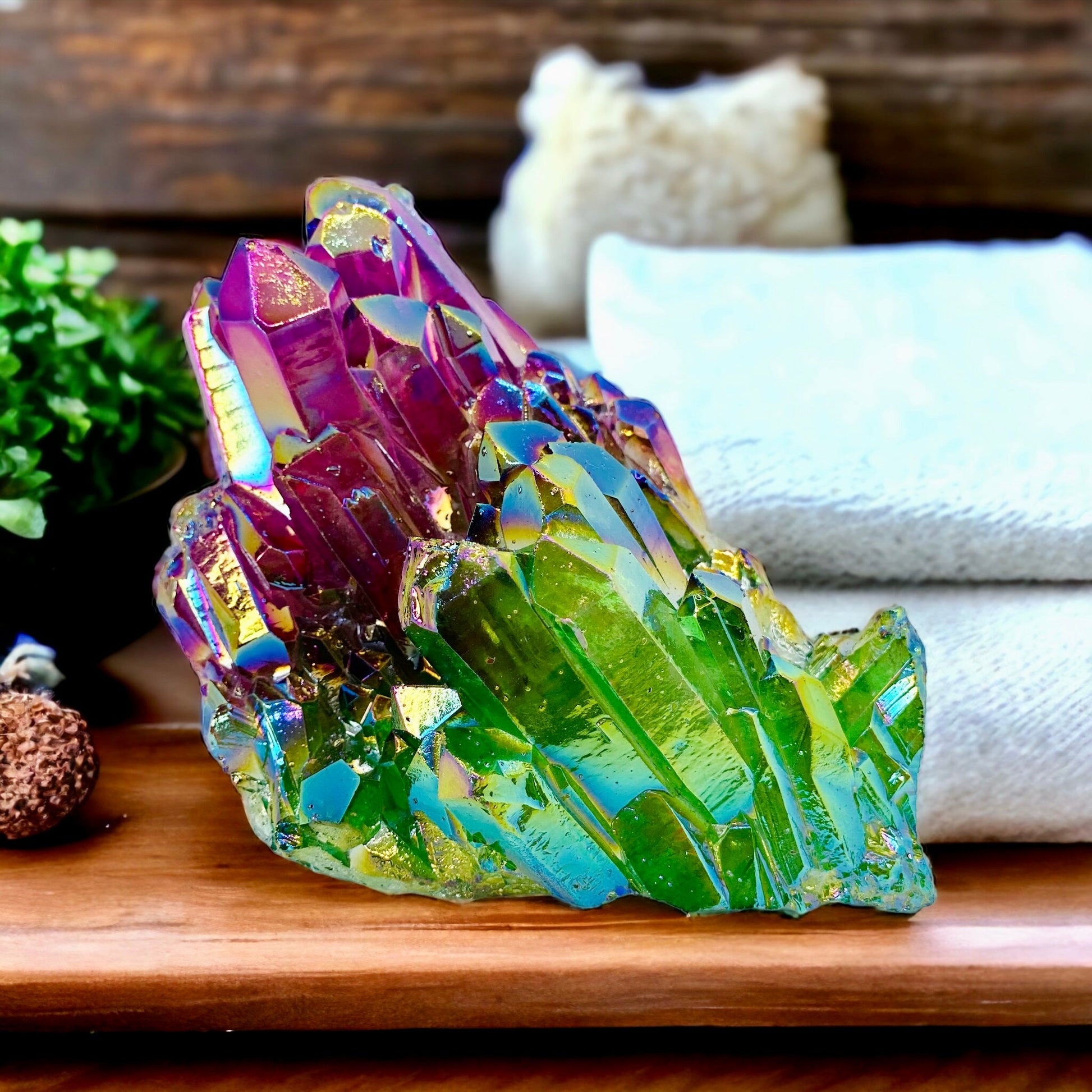 Purple & Green Aura Lemurian Quartz Crystal Cluster (330g)