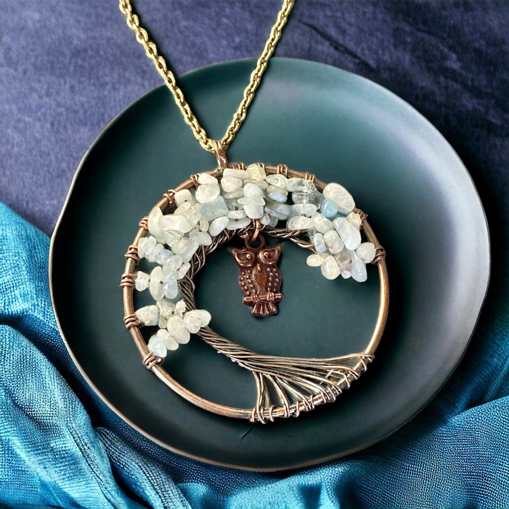Aquamarine Tree of Life Pendant with Owl Charm: Boho Crystal Necklace
