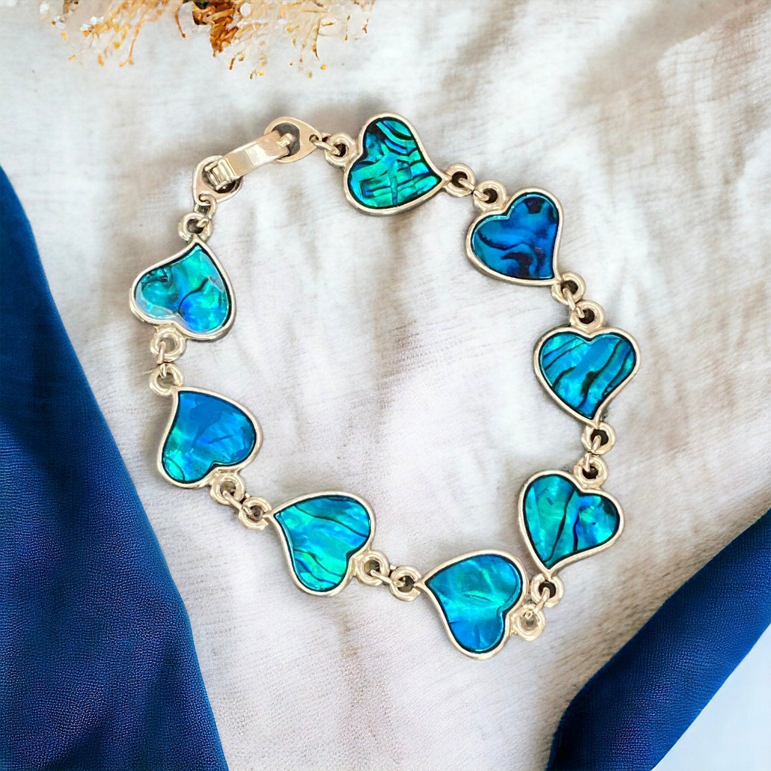 Abalone Heart Bracelet: Ocean Blue Shell, Handmade Silver Bracelet (15cm)