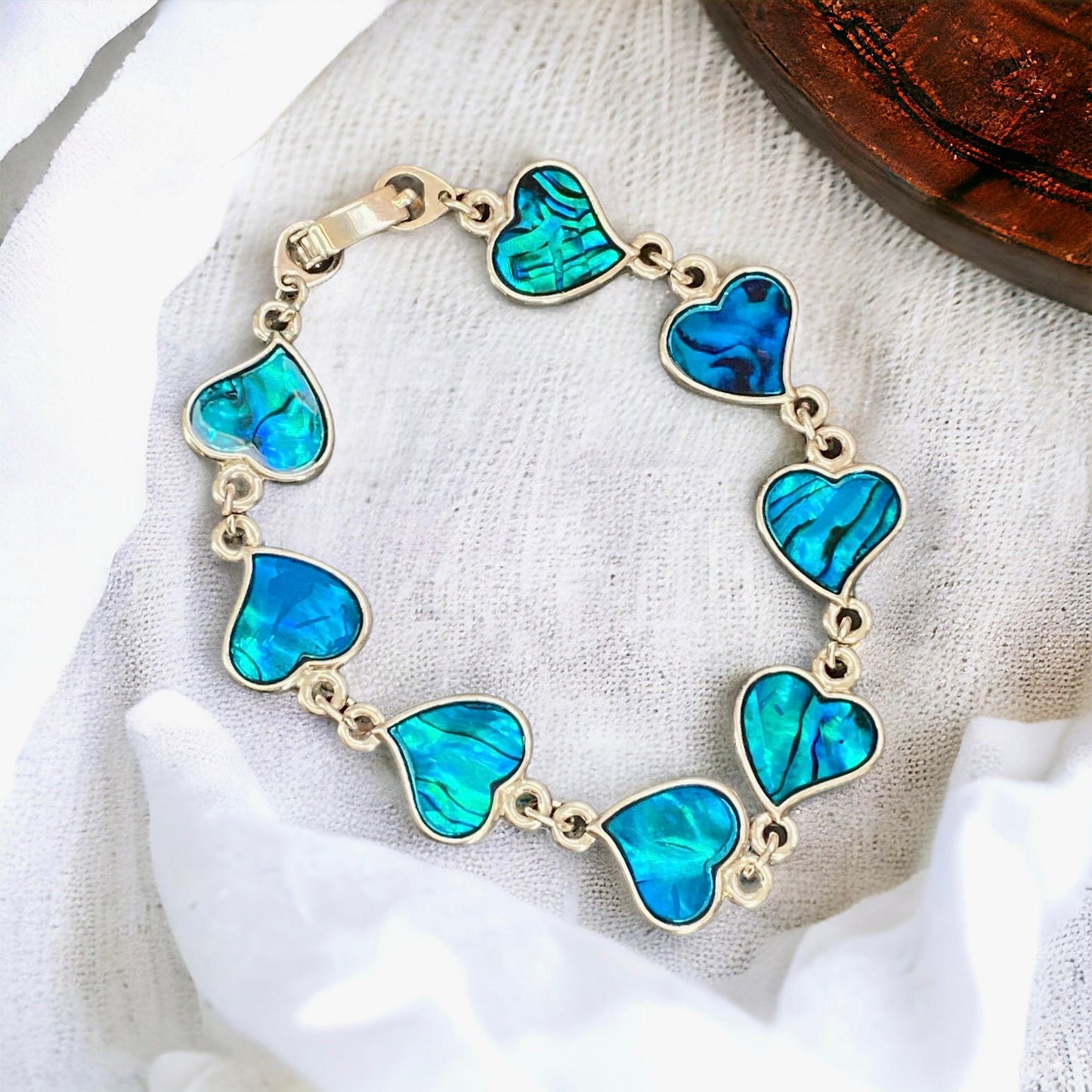 Abalone Heart Bracelet: Ocean Blue Shell, Handmade Silver Bracelet (15cm)