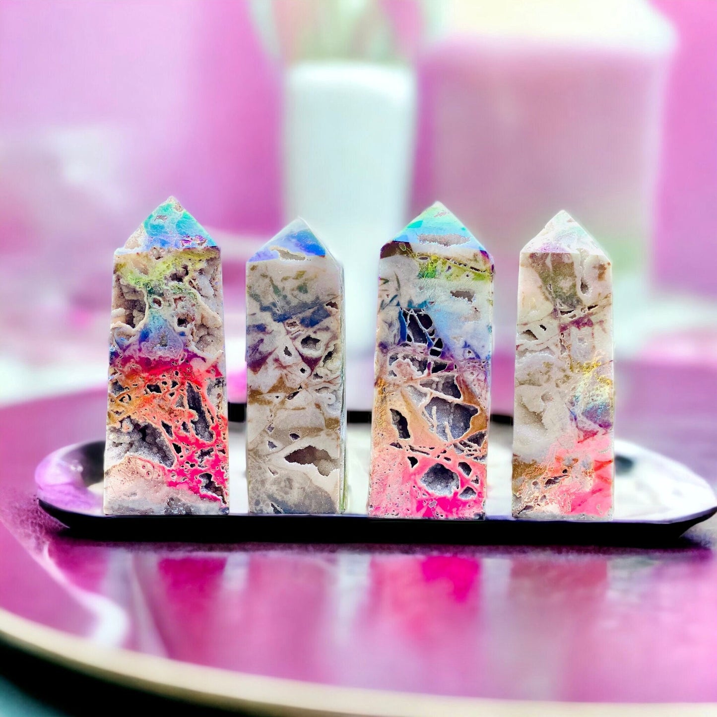 Sphalerite Angel Aura Coated Druze Tower - Unique Aura Rocks for Calming Energy, Beautiful Aura Tower with Sphalerite Druze