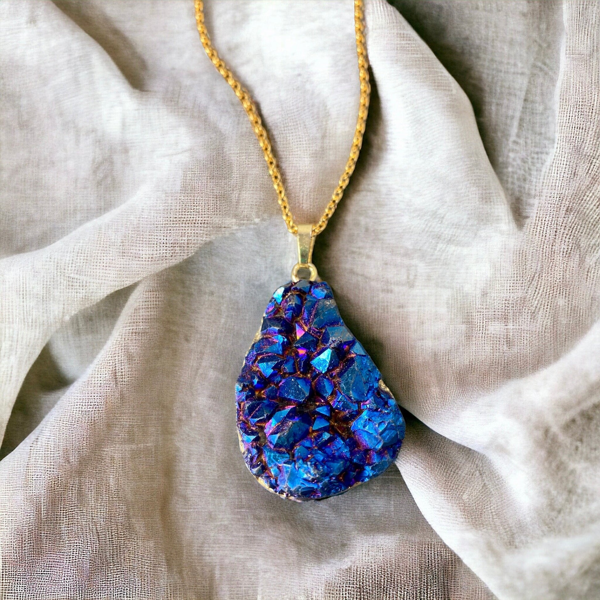 Cobalt Aura Quartz Druze Pendant | Iridescent Crystal Necklace | Luna by Louise, Crystal Shop UK