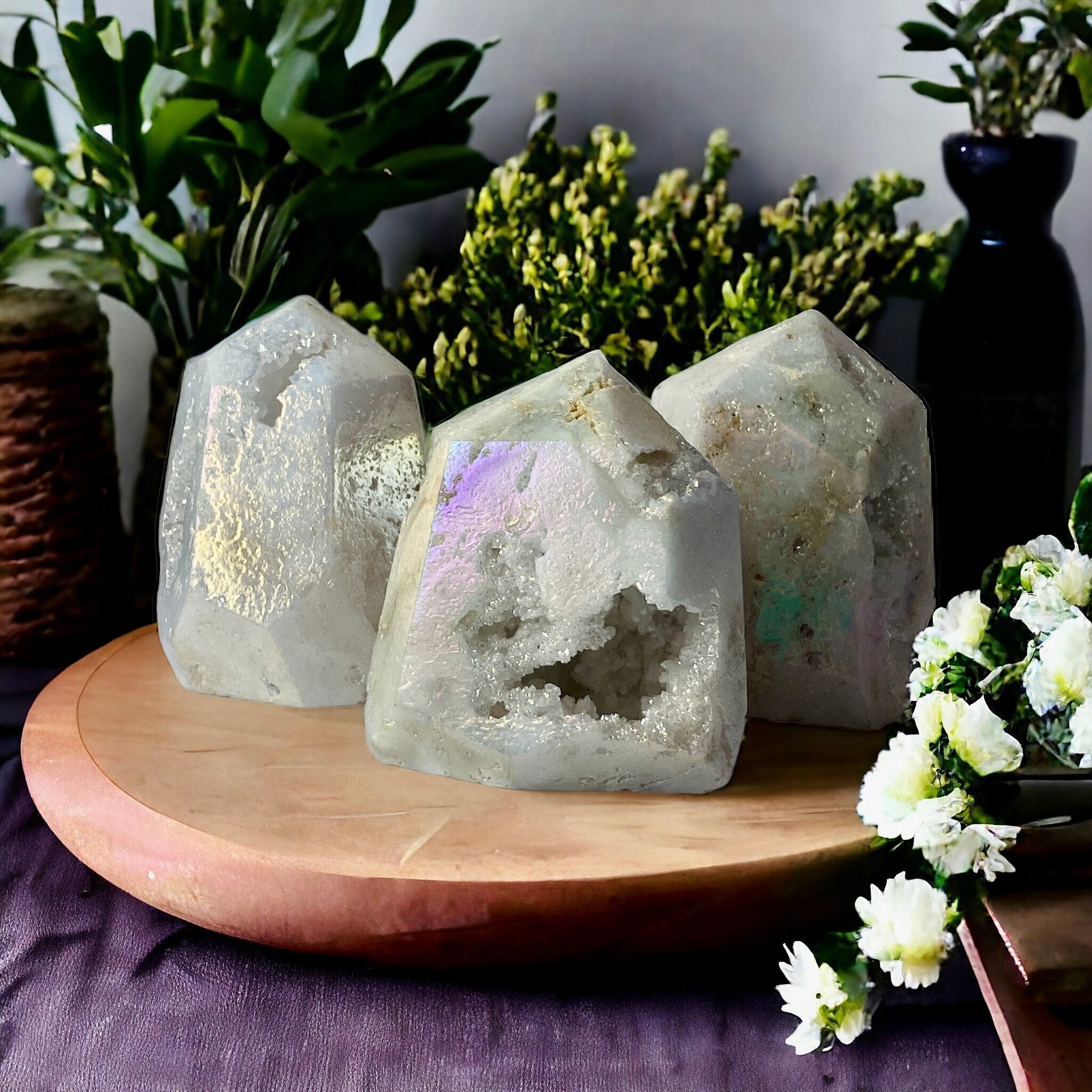 Angel Aura White Quartz Crystal Tower: Iridescent Druze