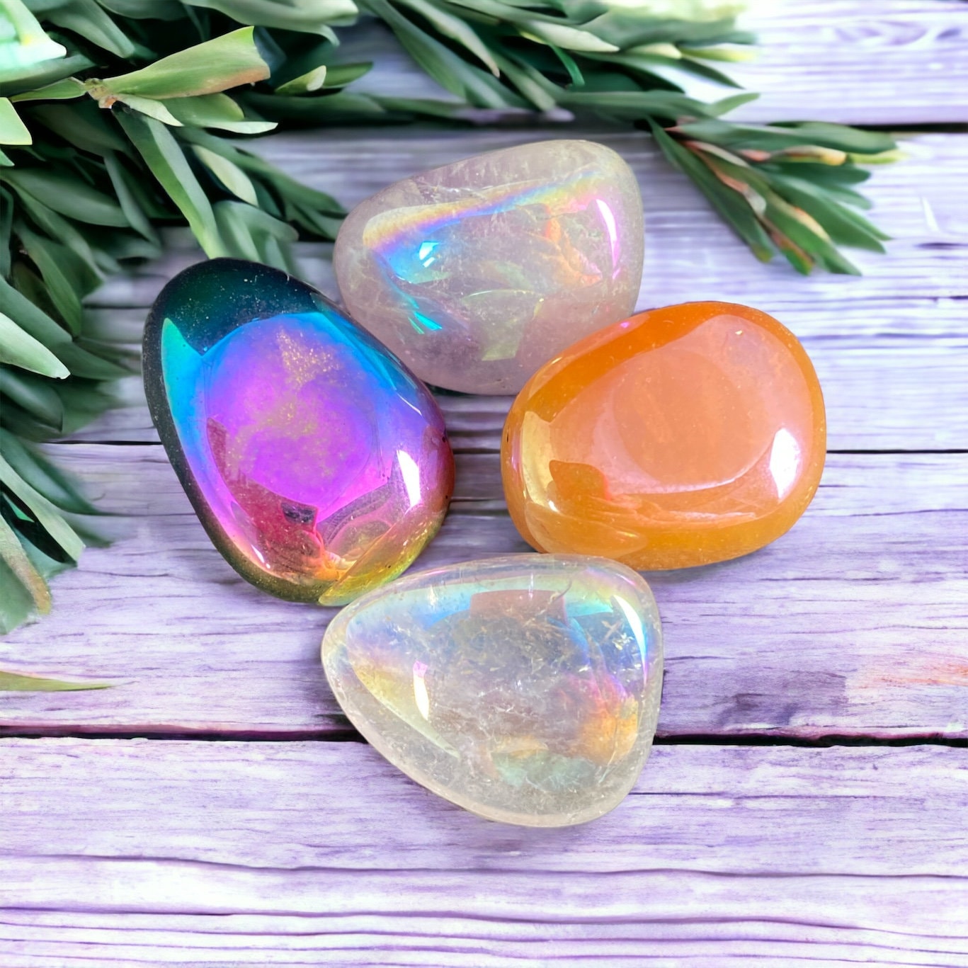 Aura Quartz Tumble Stone Set: Angel, Tangerine, Amethyst, Titanium - Pocket Crystals