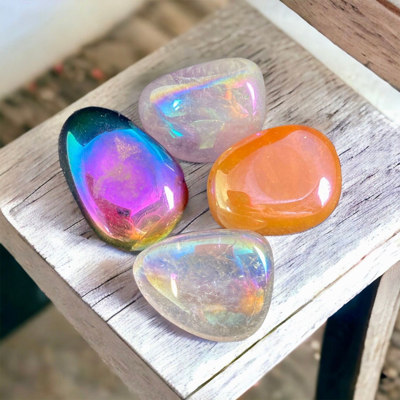 Aura Quartz Tumble Stone Set: Angel, Tangerine, Amethyst, Titanium - Pocket Crystals