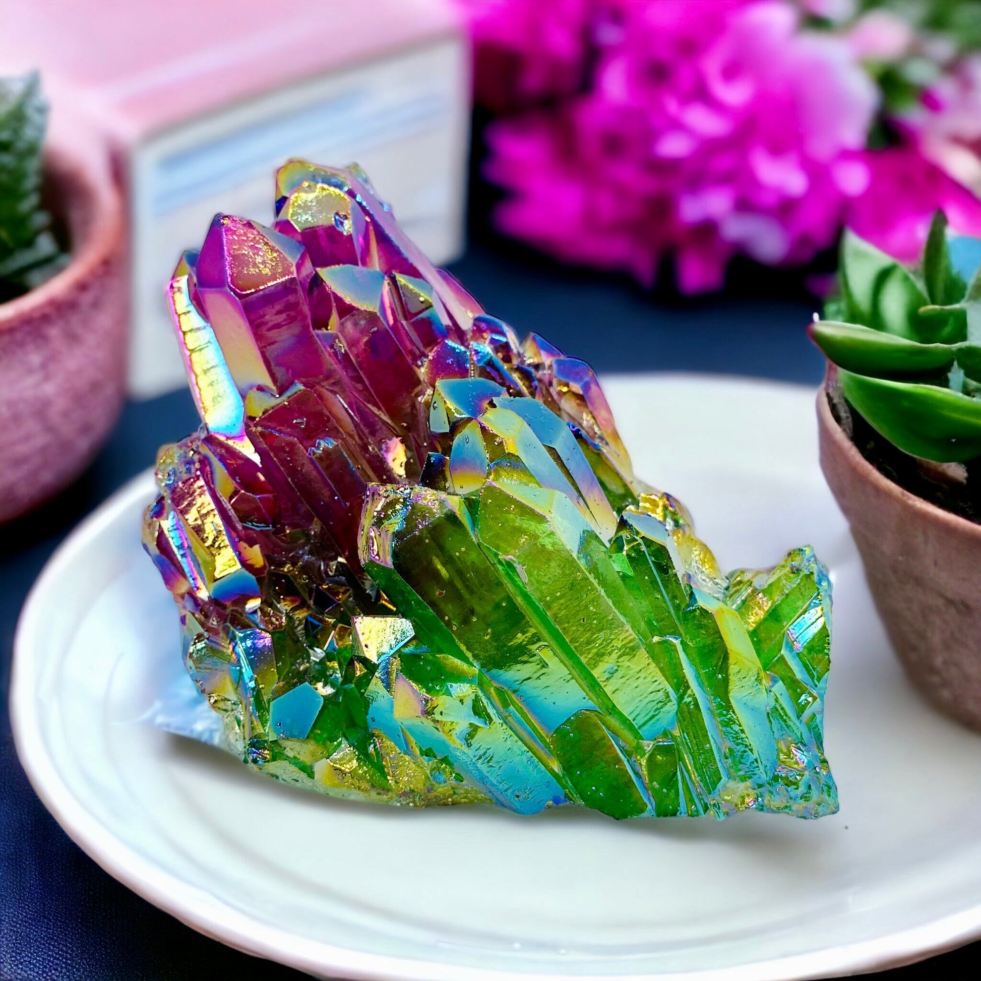 Purple & Green Aura Lemurian Quartz Crystal Cluster (330g)