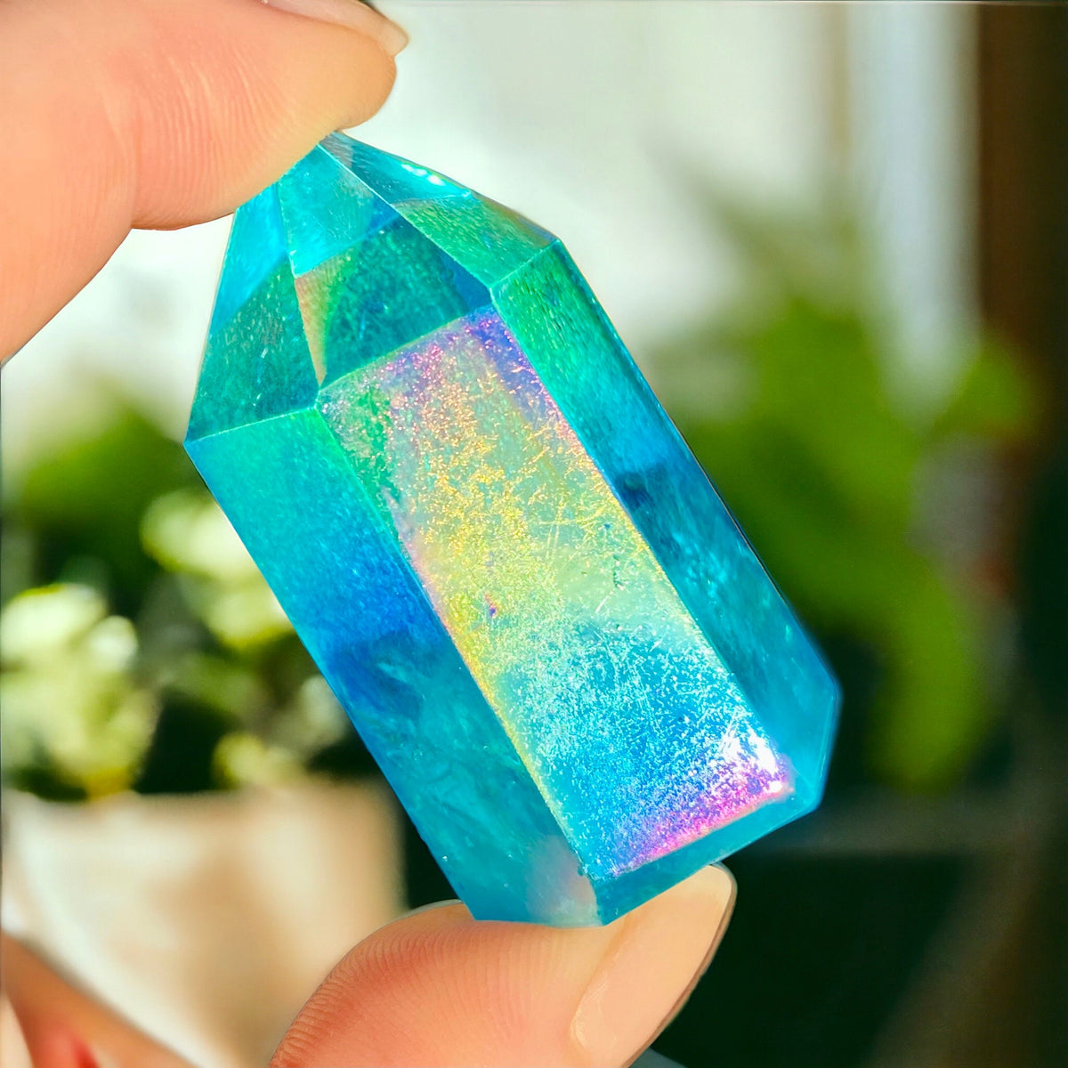 Aqua Aura Quartz Crystal Point: Spiritual Healing Obelisk