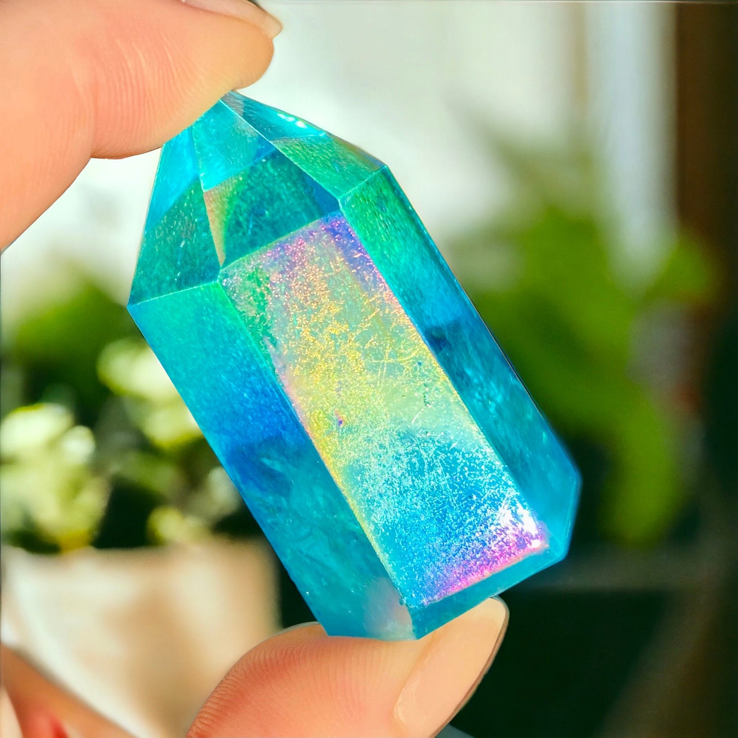 Aqua Aura Quartz Crystal Point: Spiritual Healing Obelisk