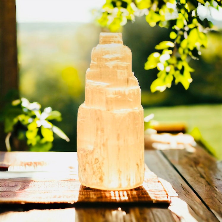 Selenite Mountain Lamp: Hand Carved Crystal Night Light with LED