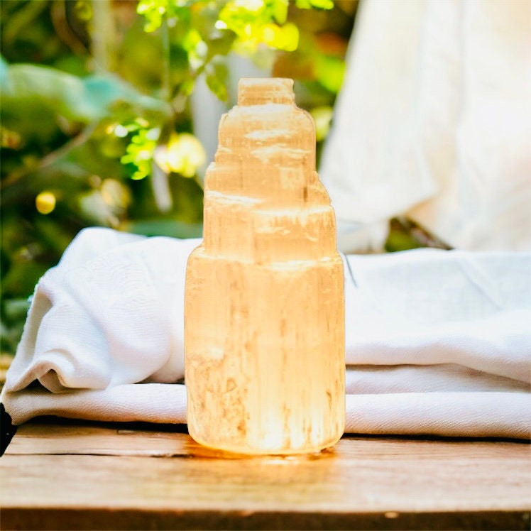 Selenite Mountain Lamp: Hand Carved Crystal Night Light with LED