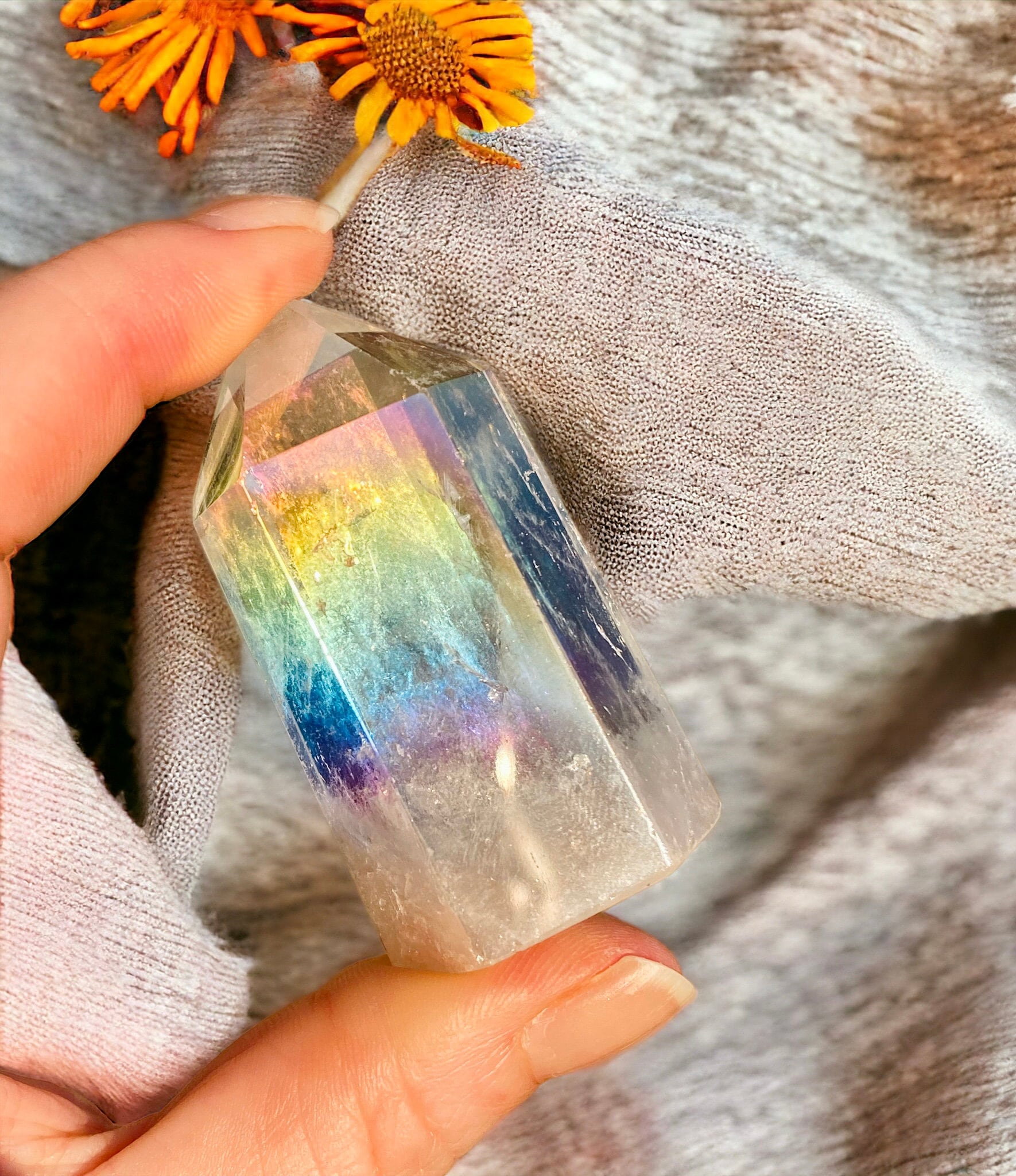 Angel Aura Quartz Tower Point: Iridescent Crystal Healing