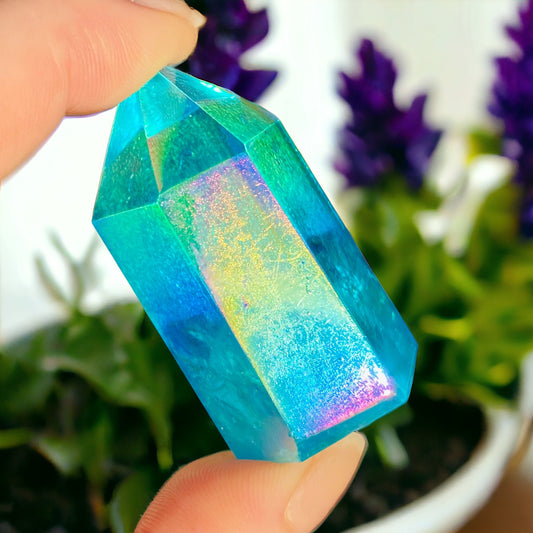 Aqua Aura Quartz Crystal Point: Spiritual Healing Obelisk