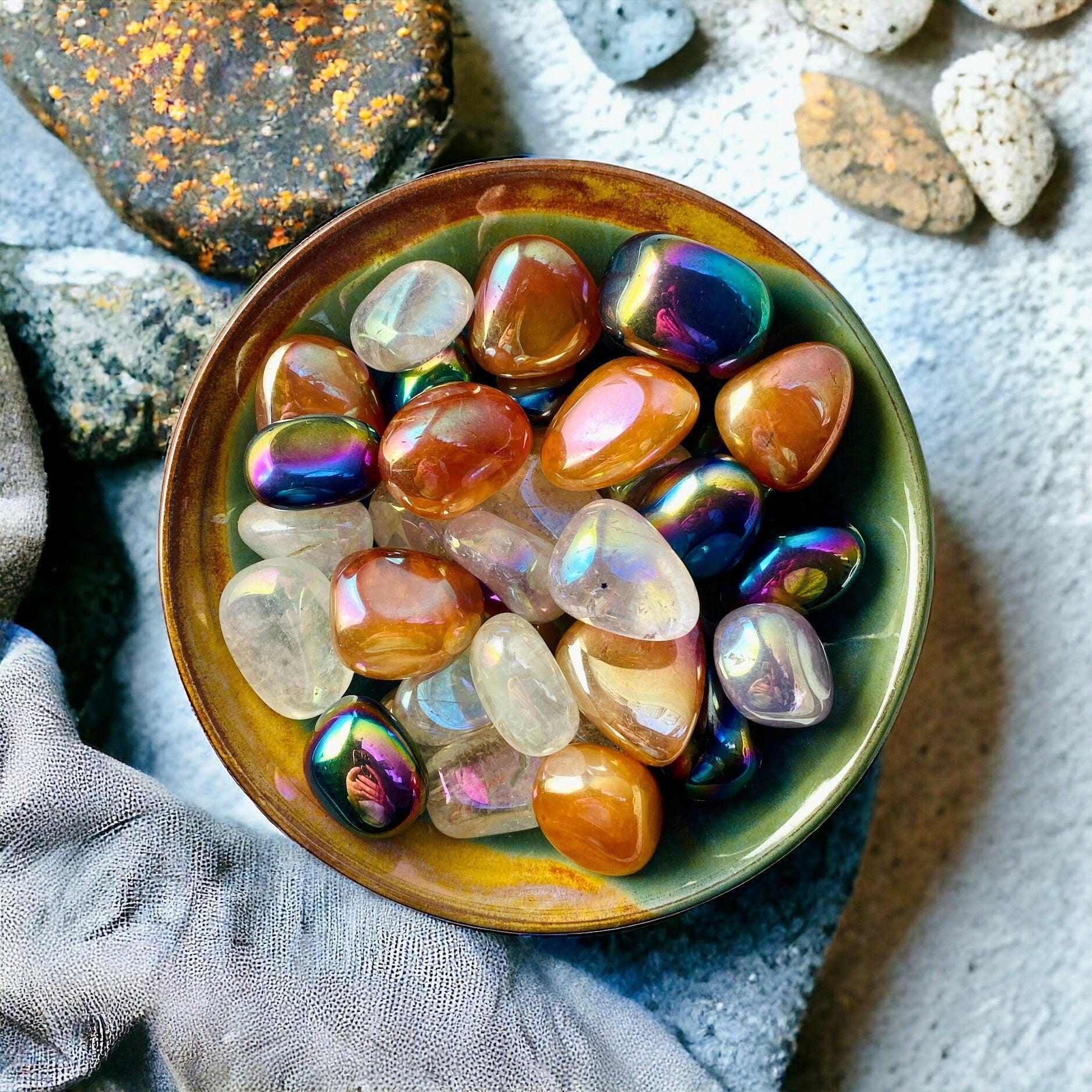 Aura Quartz Tumble Stone Set: Angel, Tangerine, Amethyst, Titanium - Pocket Crystals