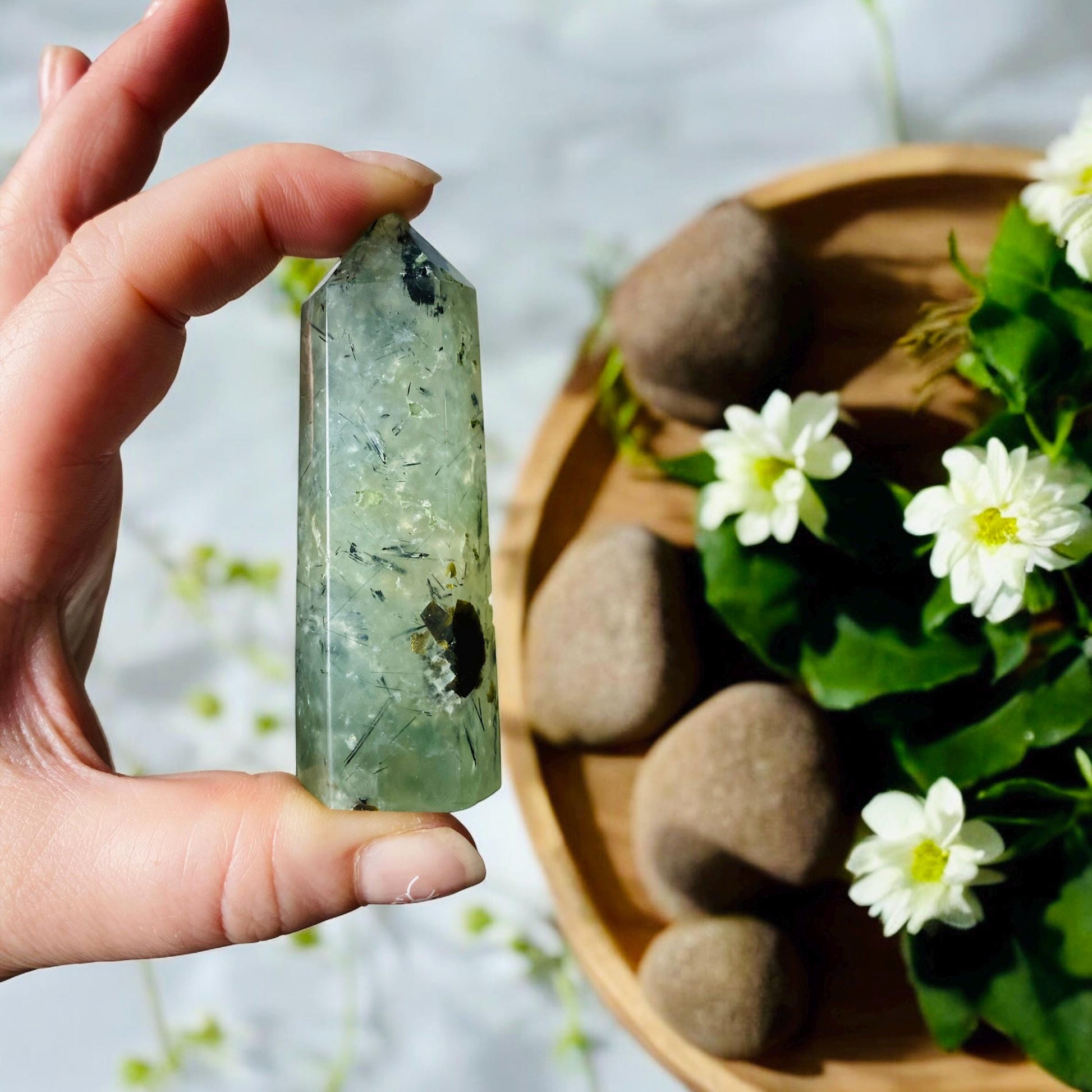 Prehnite Crystal Point with Black Tourmaline Rutile - Healing Stone