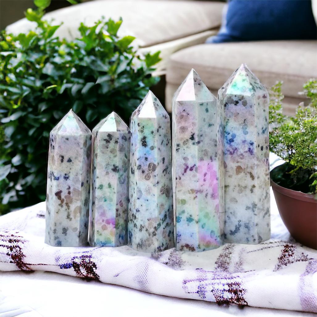 Kiwi Jasper Aura Crystal Tower: Calming Stone for Balance