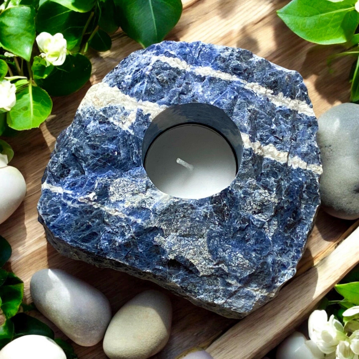 Raw Sodalite Crystal Candle Holder: Tranquility & Cosmic Energy