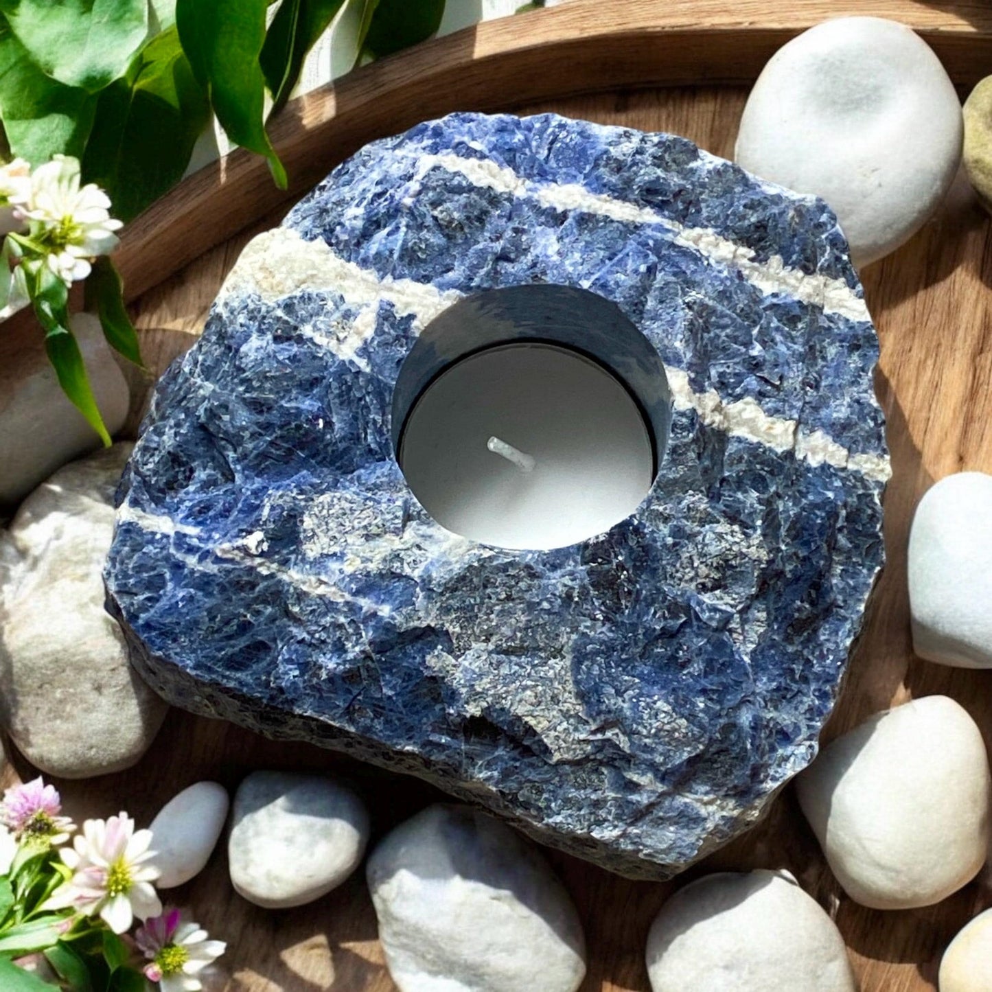 Raw Sodalite Crystal Candle Holder: Tranquility & Cosmic Energy