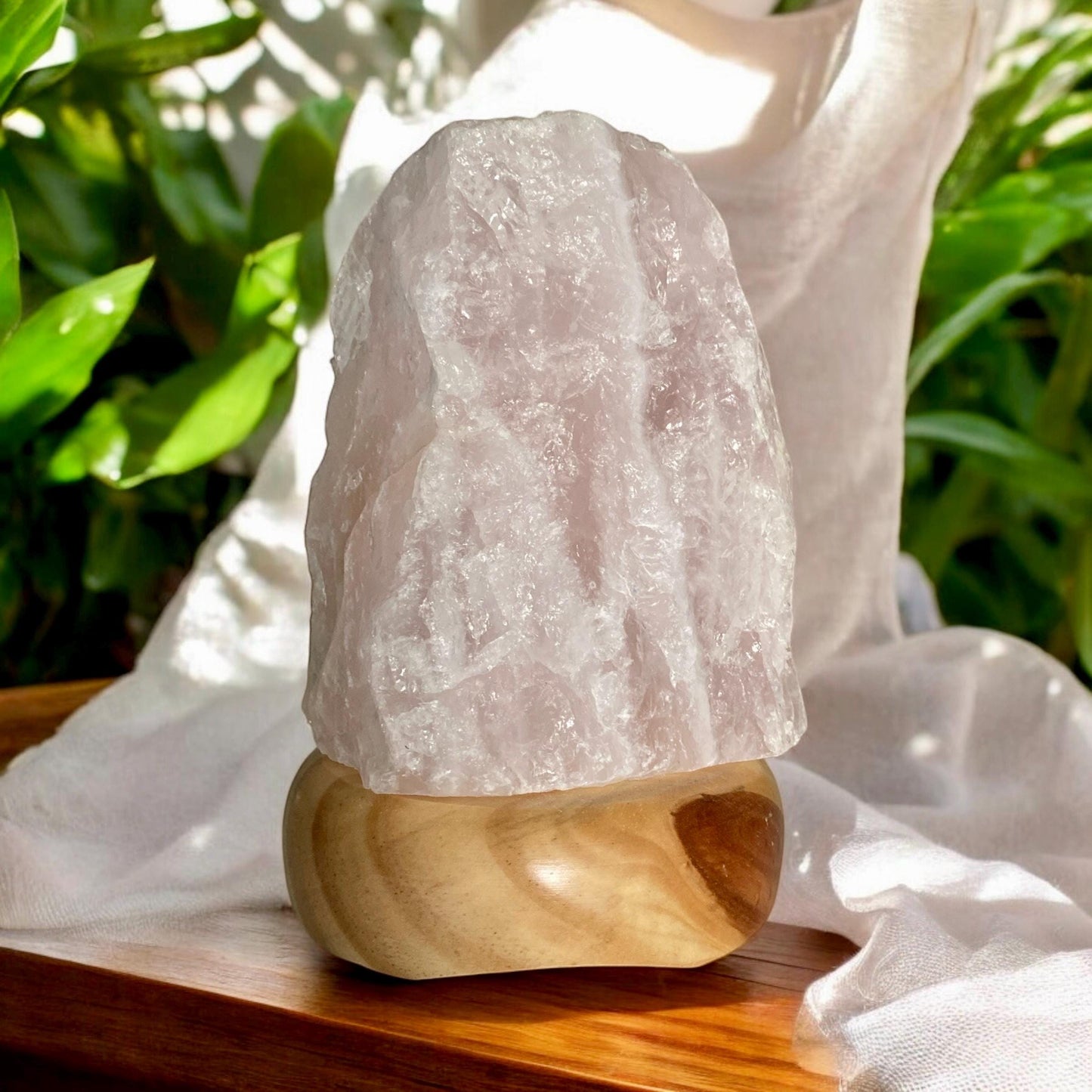 Rose Quartz Crystal Lamp: E14 LED Bulb, Wooden Stand