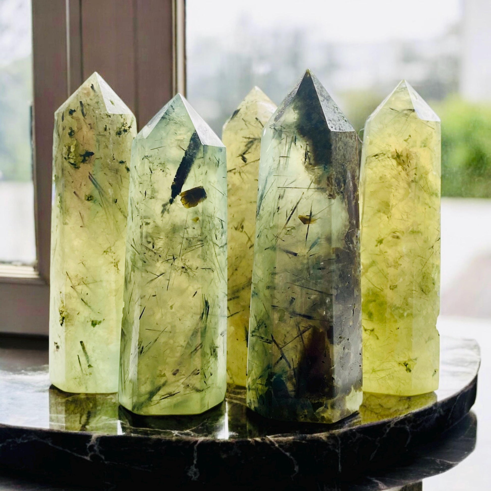 Prehnite Crystal Point with Black Tourmaline Rutile - Healing Stone