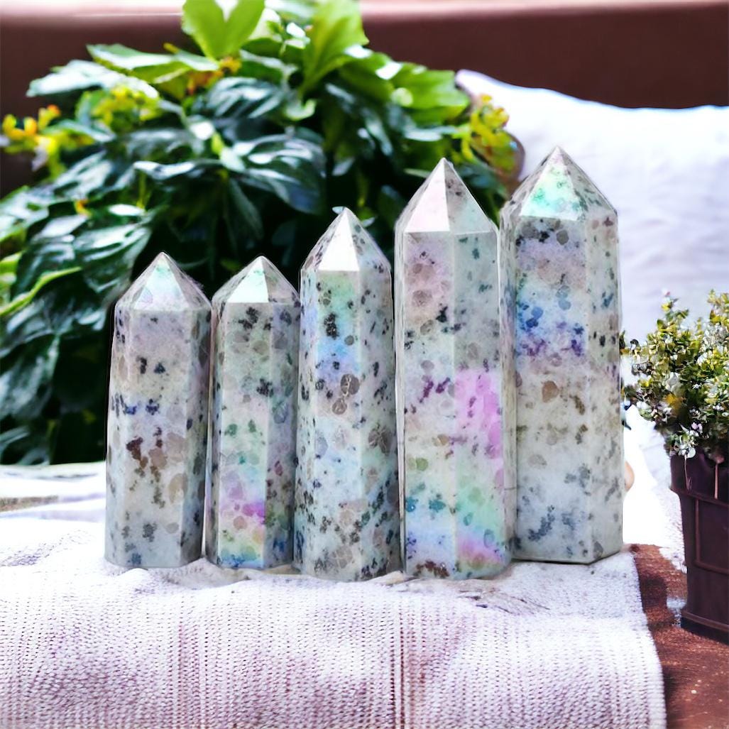 Kiwi Jasper Aura Crystal Tower: Calming Stone for Balance