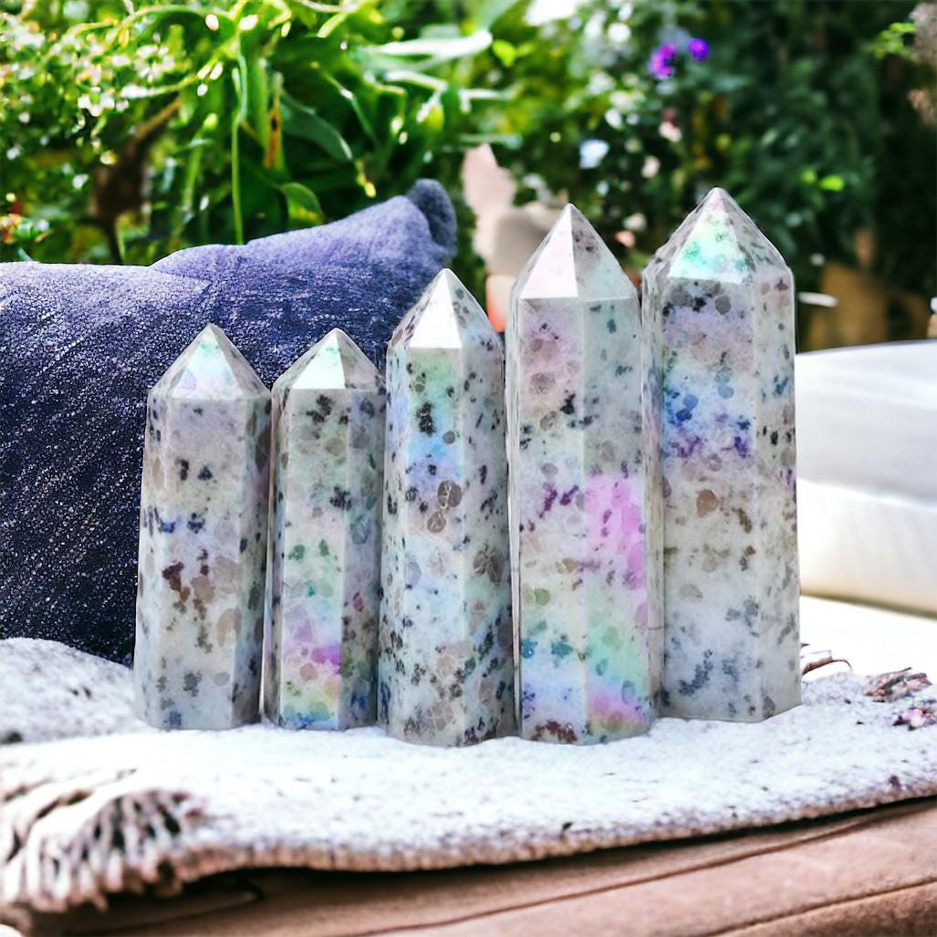 Kiwi Jasper Aura Crystal Tower: Calming Stone for Balance