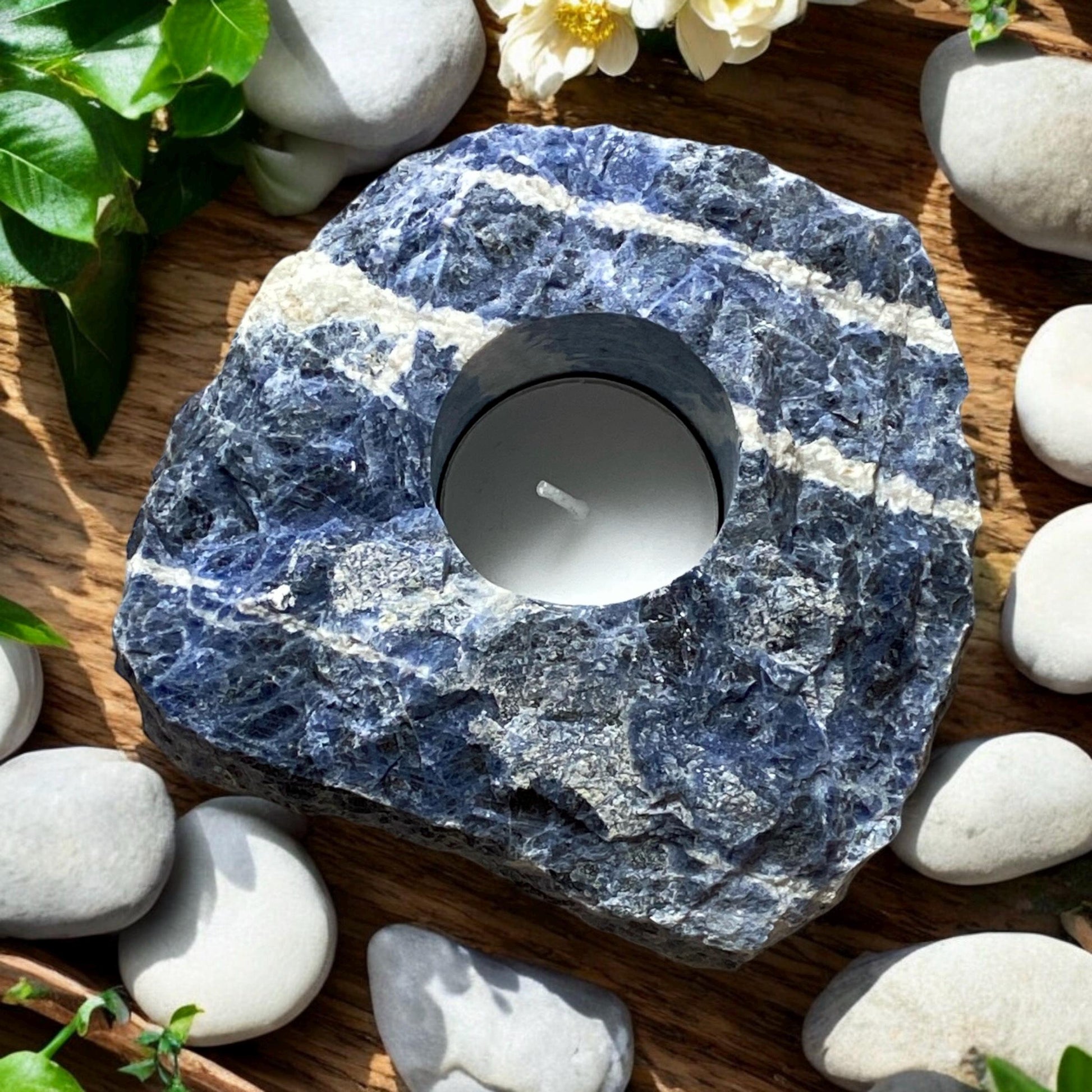 Raw Sodalite Crystal Candle Holder: Tranquility & Cosmic Energy