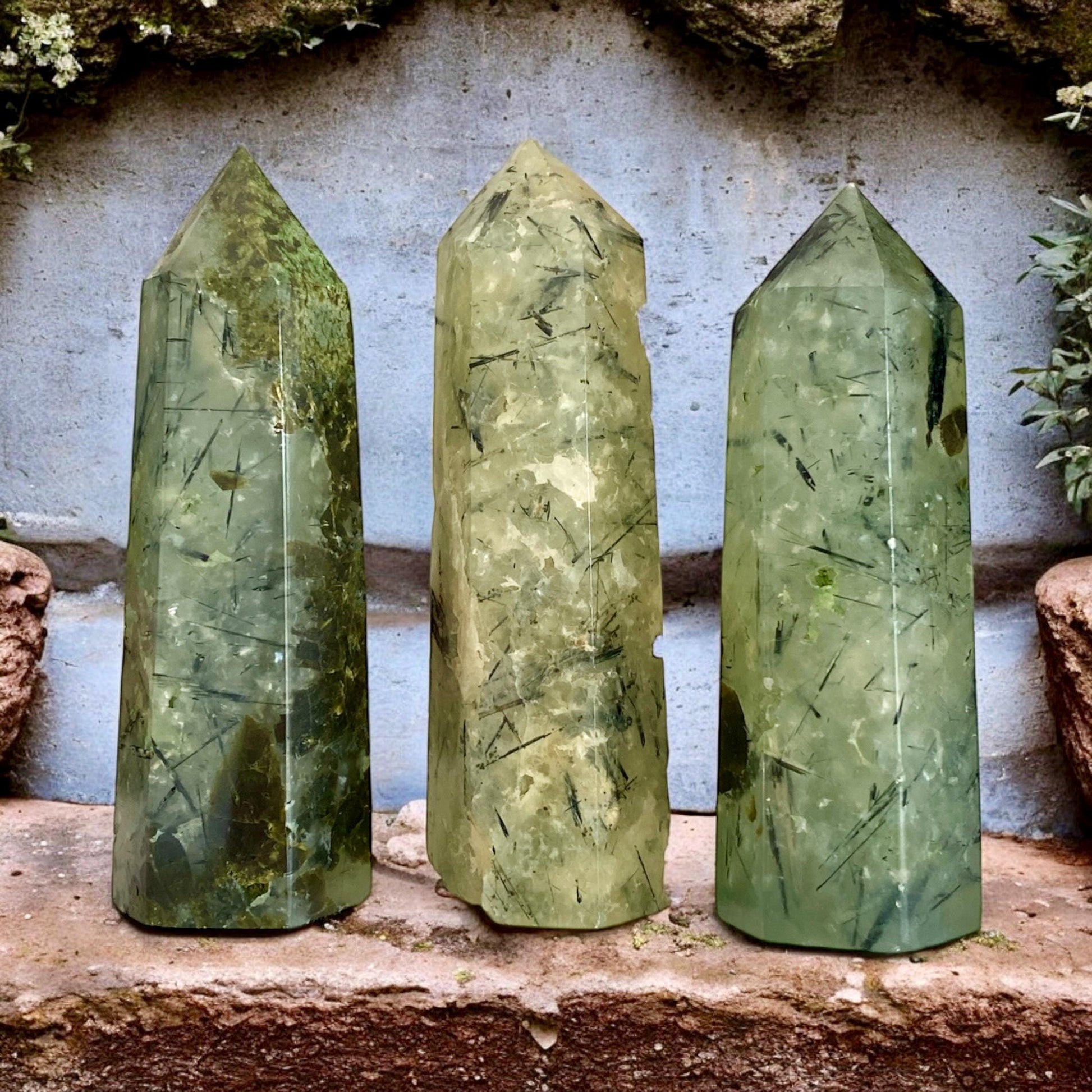 Prehnite Crystal Point with Black Tourmaline Rutile - Healing Stone