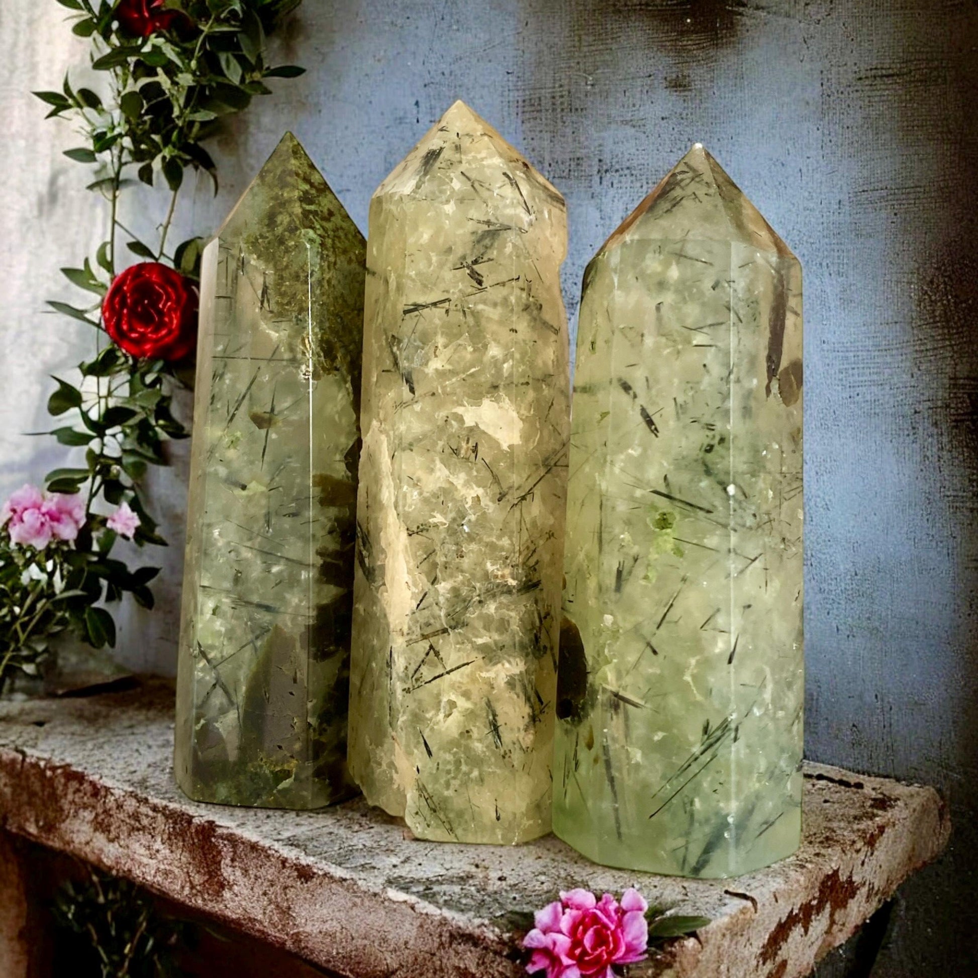 Prehnite Crystal Point with Black Tourmaline Rutile - Healing Stone