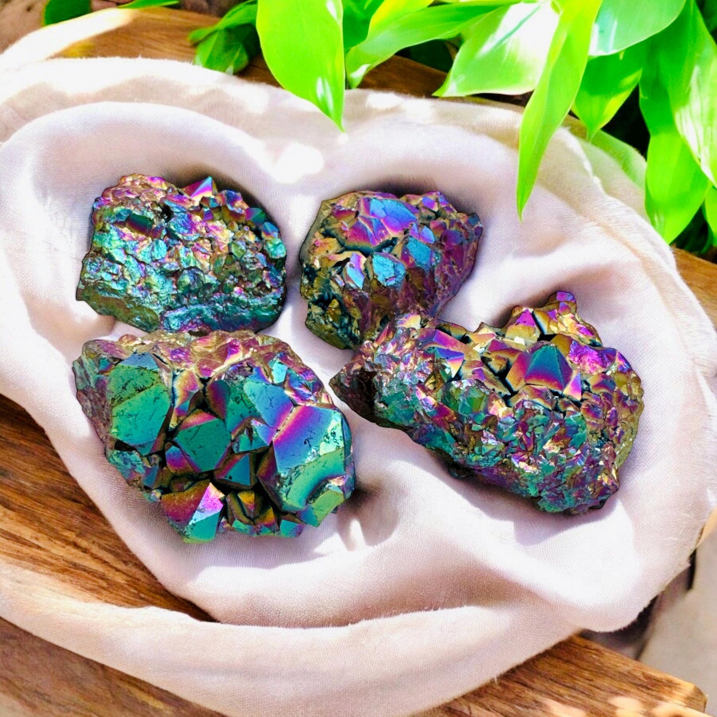 Titanium Aura Amethyst Cluster - Luna by Louise, Crystal Shop UK | Vibrant and High-Energy Crystal for Spiritual Protection