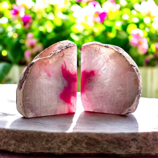 Pink Agate and Quartz Crystal Geode Bookend Candle Holder Set - Geode Bookend Candle Holders, Two Pieces. Luna by Louise, Crystal Shop UK